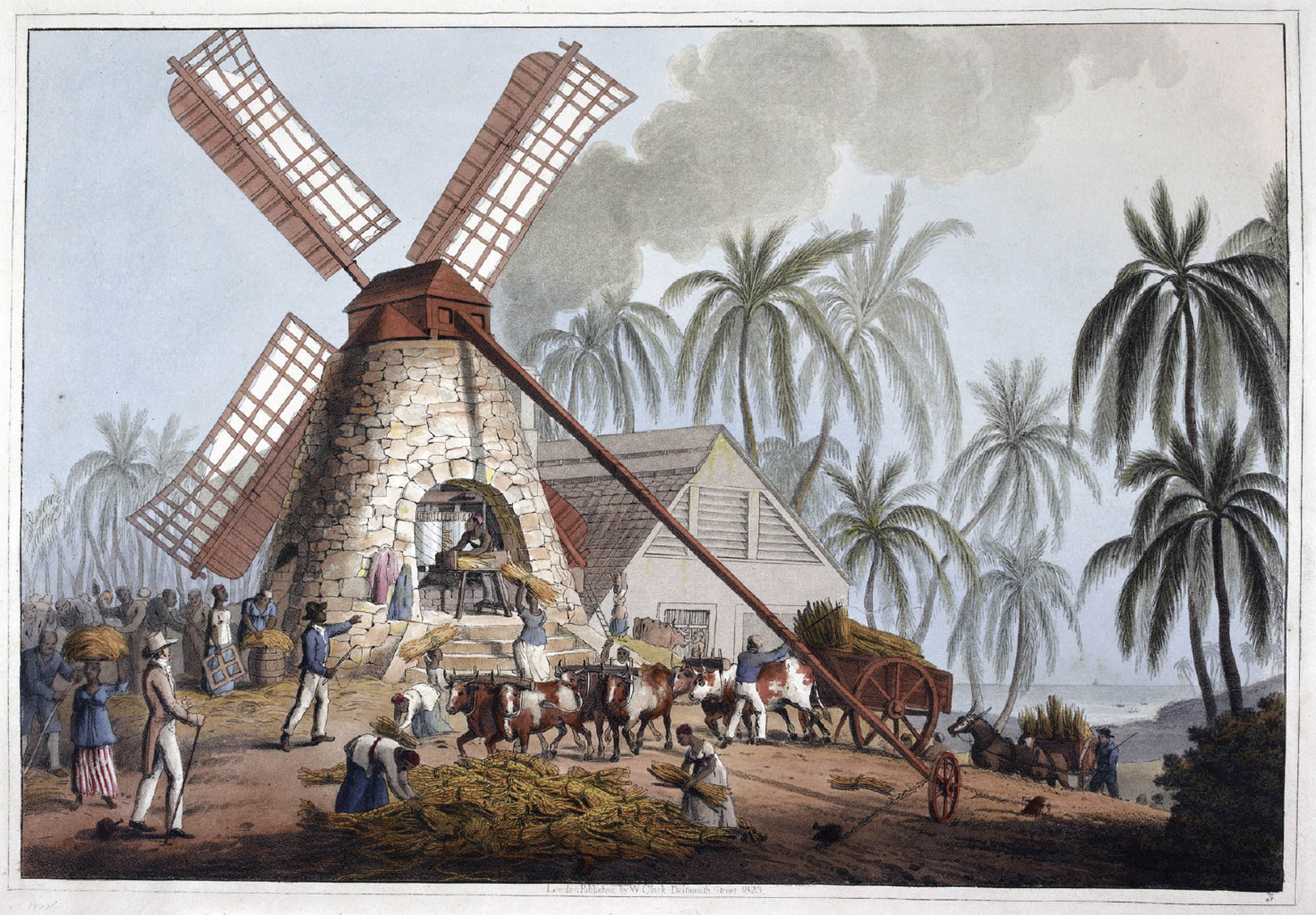 A painting of a sugarcane plantation shows people working in the fields, machinery that looks to be operated by a sort of windmill, and palm trees in the background.