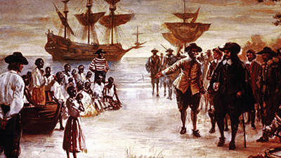 Engraving shows the arrival of a Dutch slave ship with a group of African slaves for sale