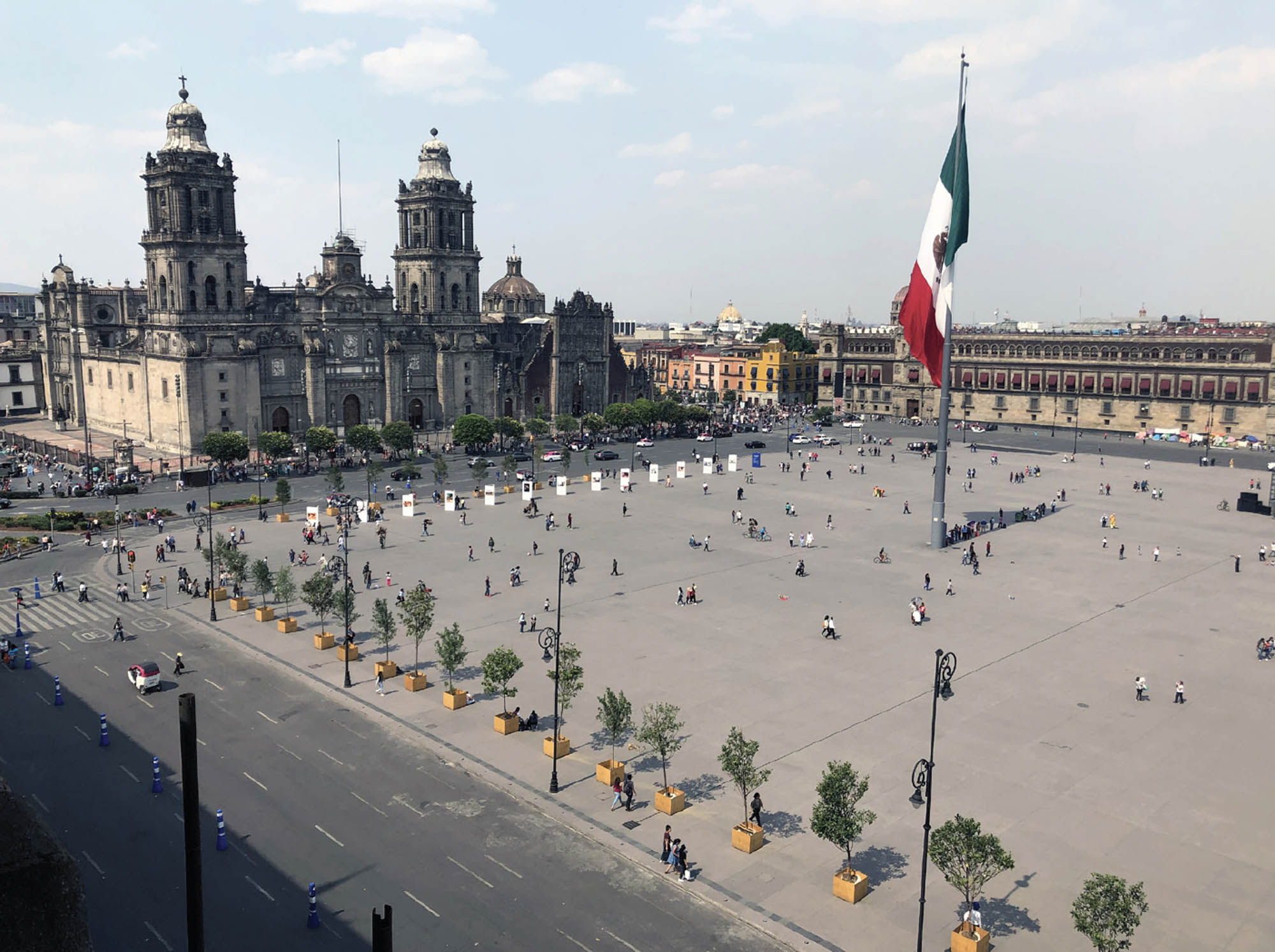 A large, open plaza in Mexico City. In the background is a great castle, and the plaza is lined with palm trees. Many tourists are milling around the plaza.