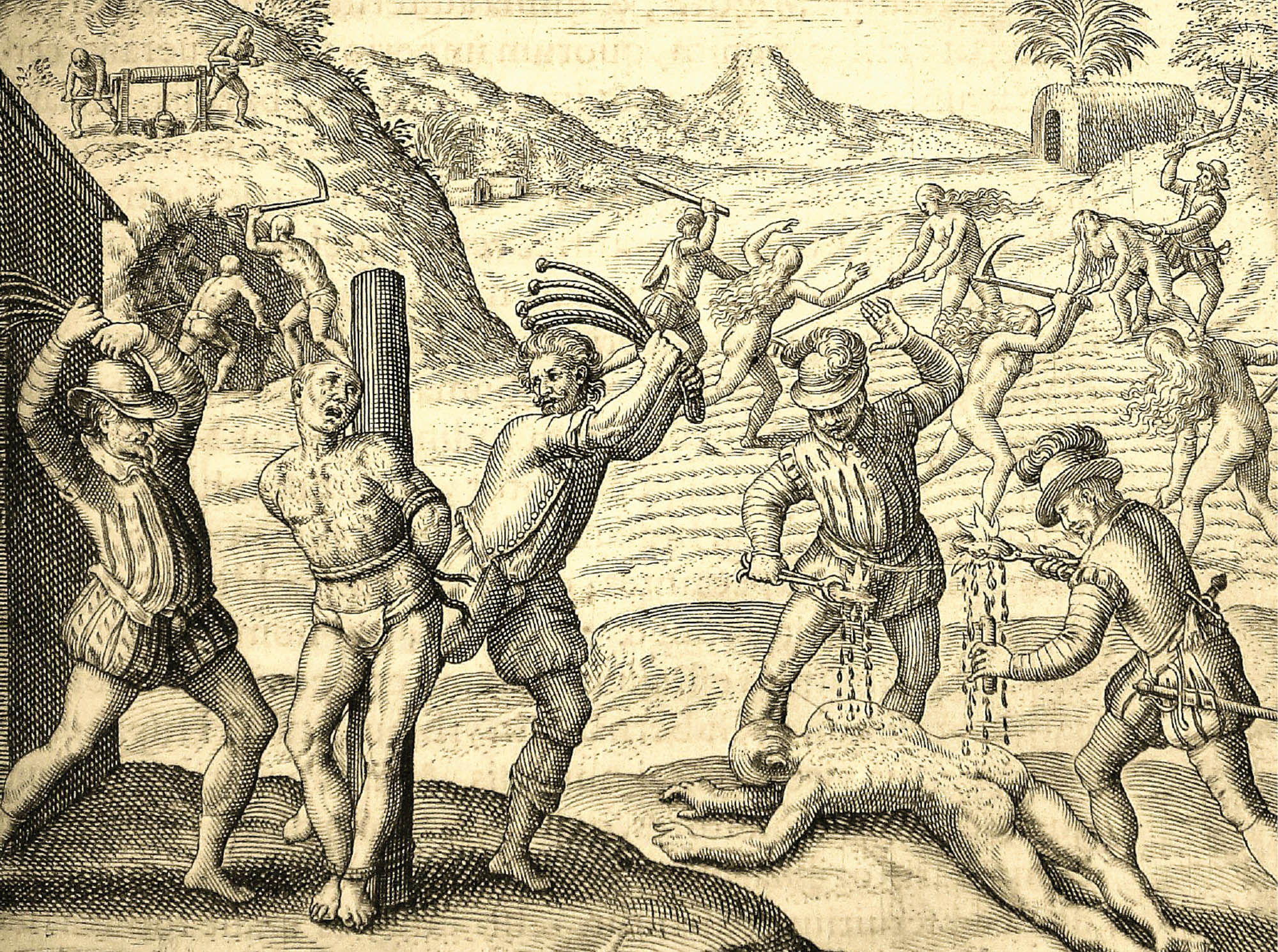 A drawing shows the horrific atrocities committed by the Spanish. Indigenous people are shown tied up and being beaten.