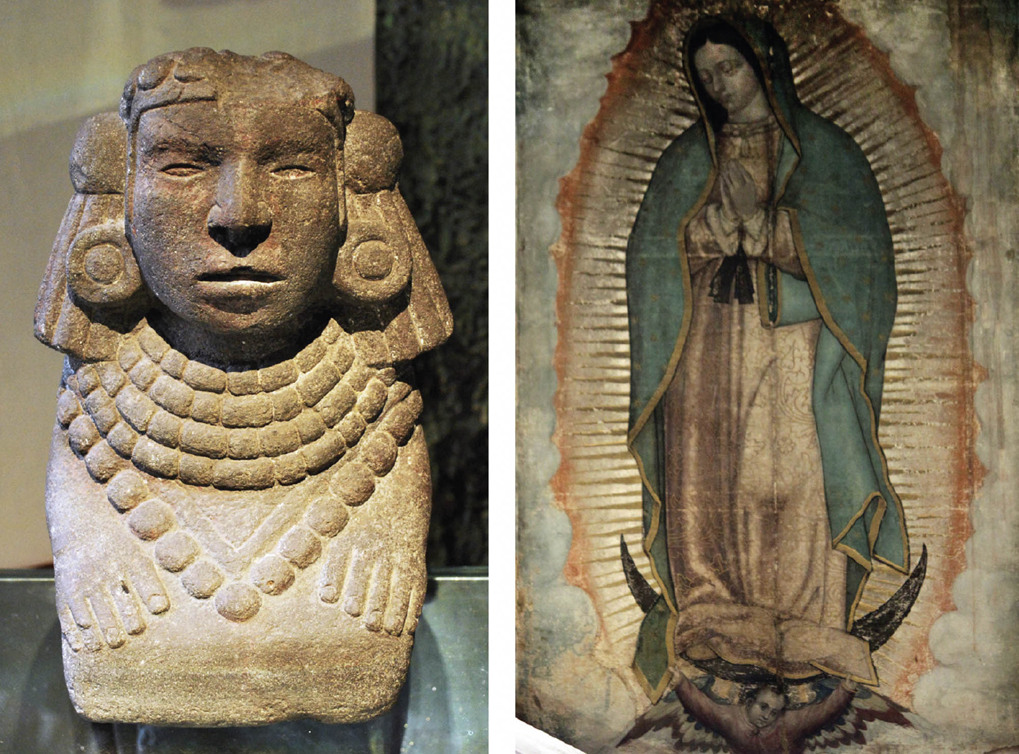 Very old artworks. On one side, a bust of a figure decorated in large, beaded jewelry. On the right, a painting of a woman with her eyes closed and her hands closed in prayer position. Around her are golden beams of light.