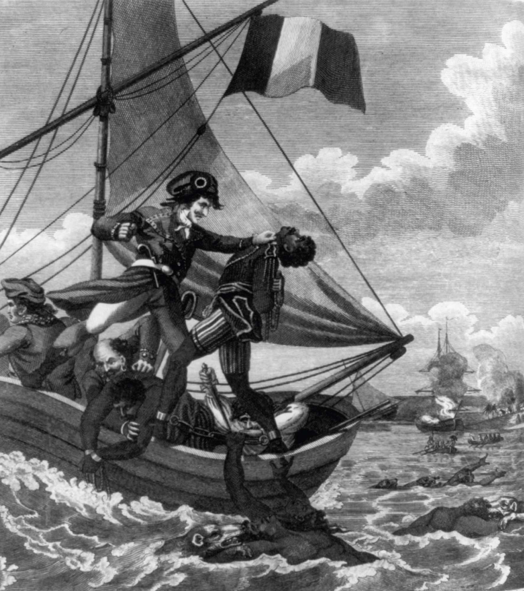 French miliary officer throwing a prisoner overboard into the ocean.