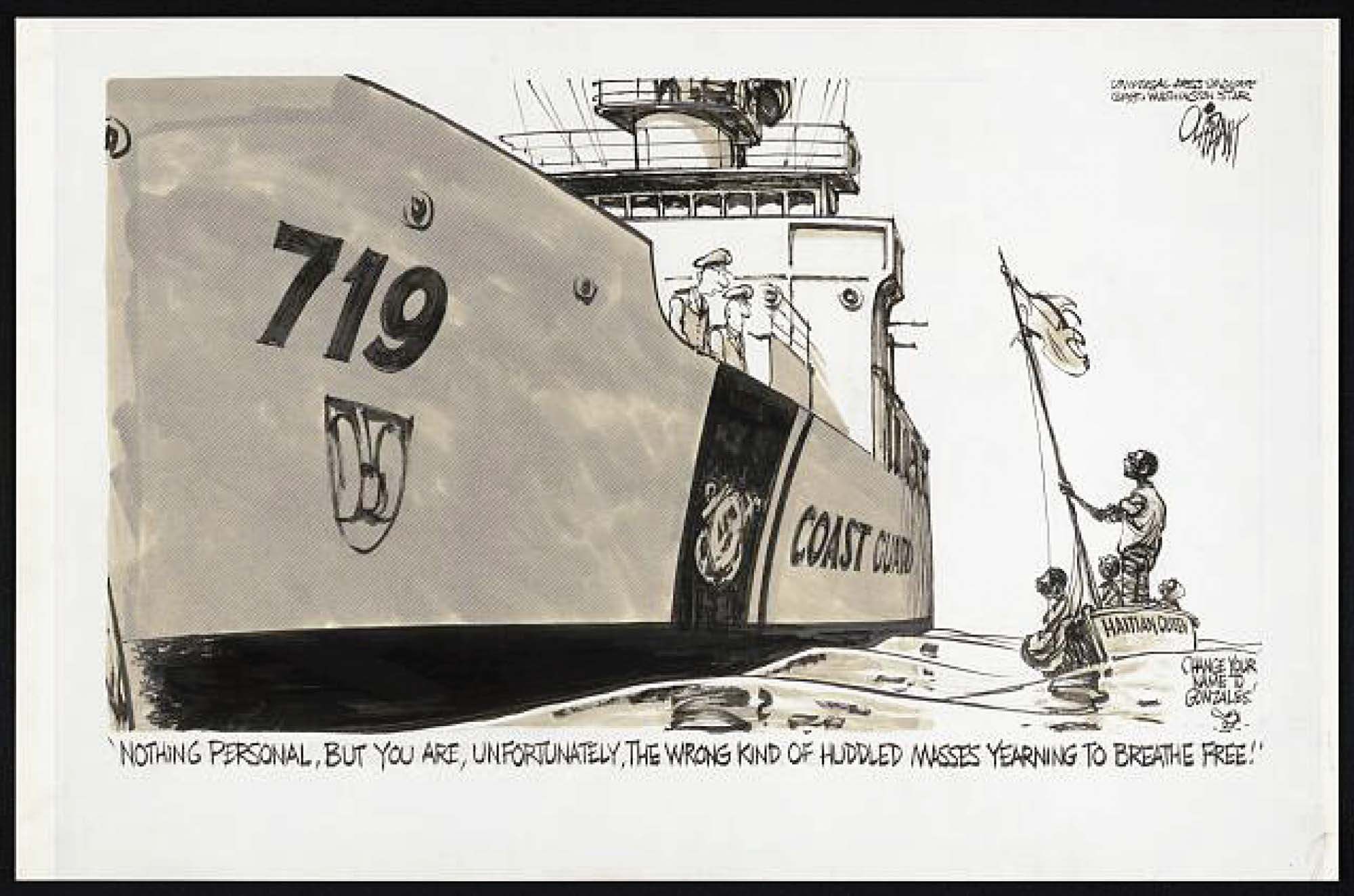 Massive Coast Guard ship looms over small Haitian boat with refugees.