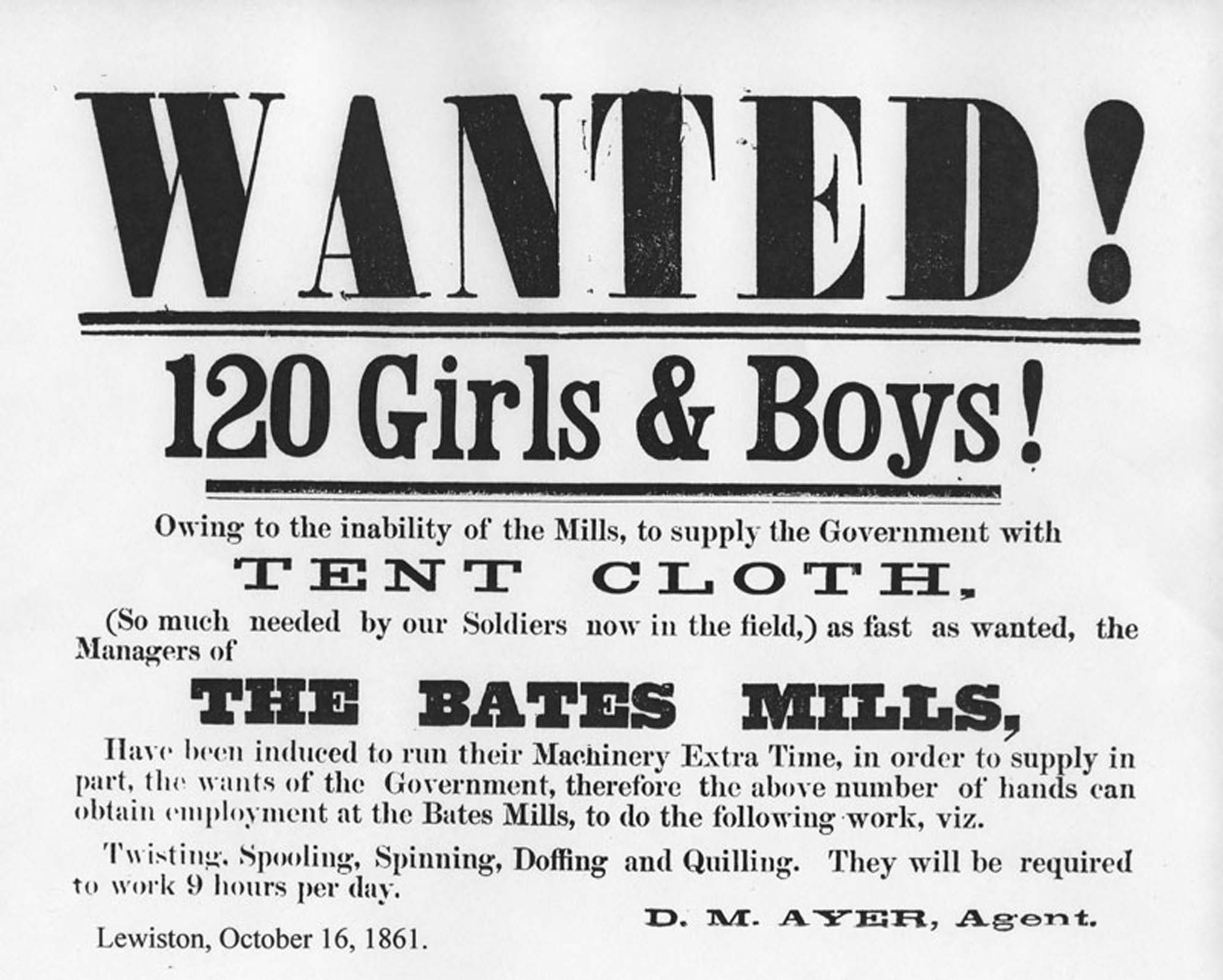 A photo of an advertisement calling for child laborers to work in a textile mill.