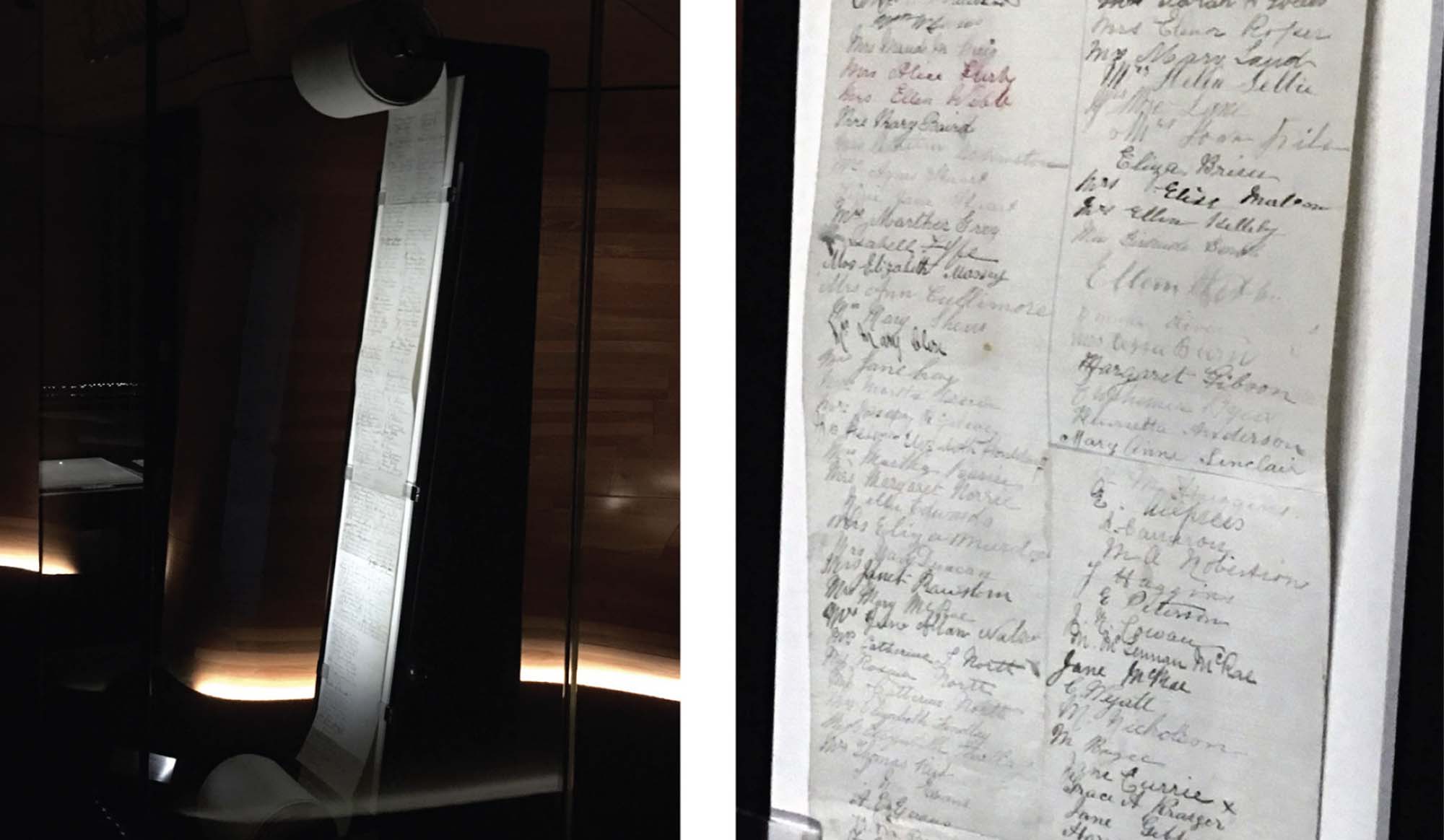 A photograph of a scroll of signatures petitioning for a woman’s right to vote.