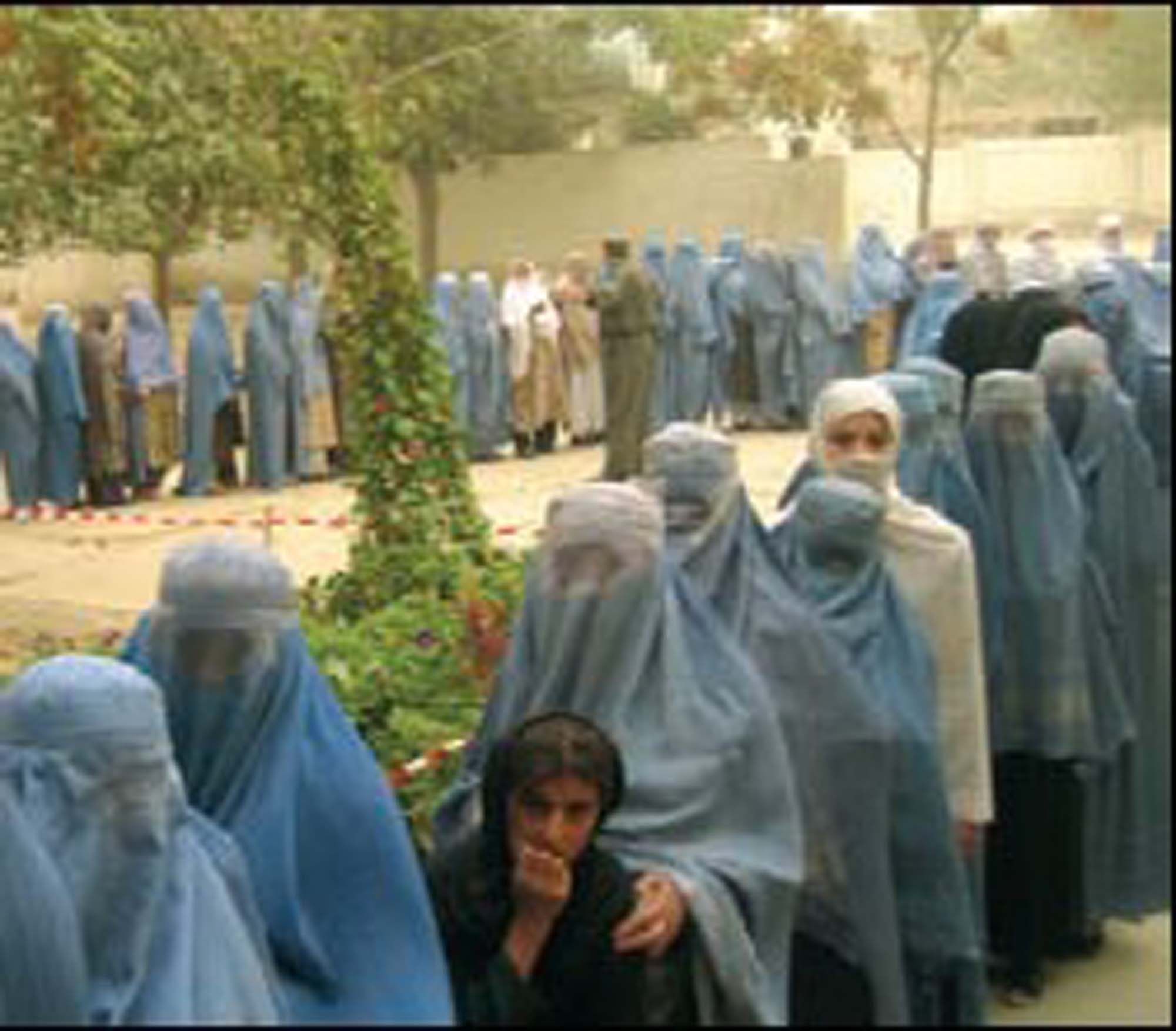 A photograph of women standing in line to vote in Kabul, Afghanistan.