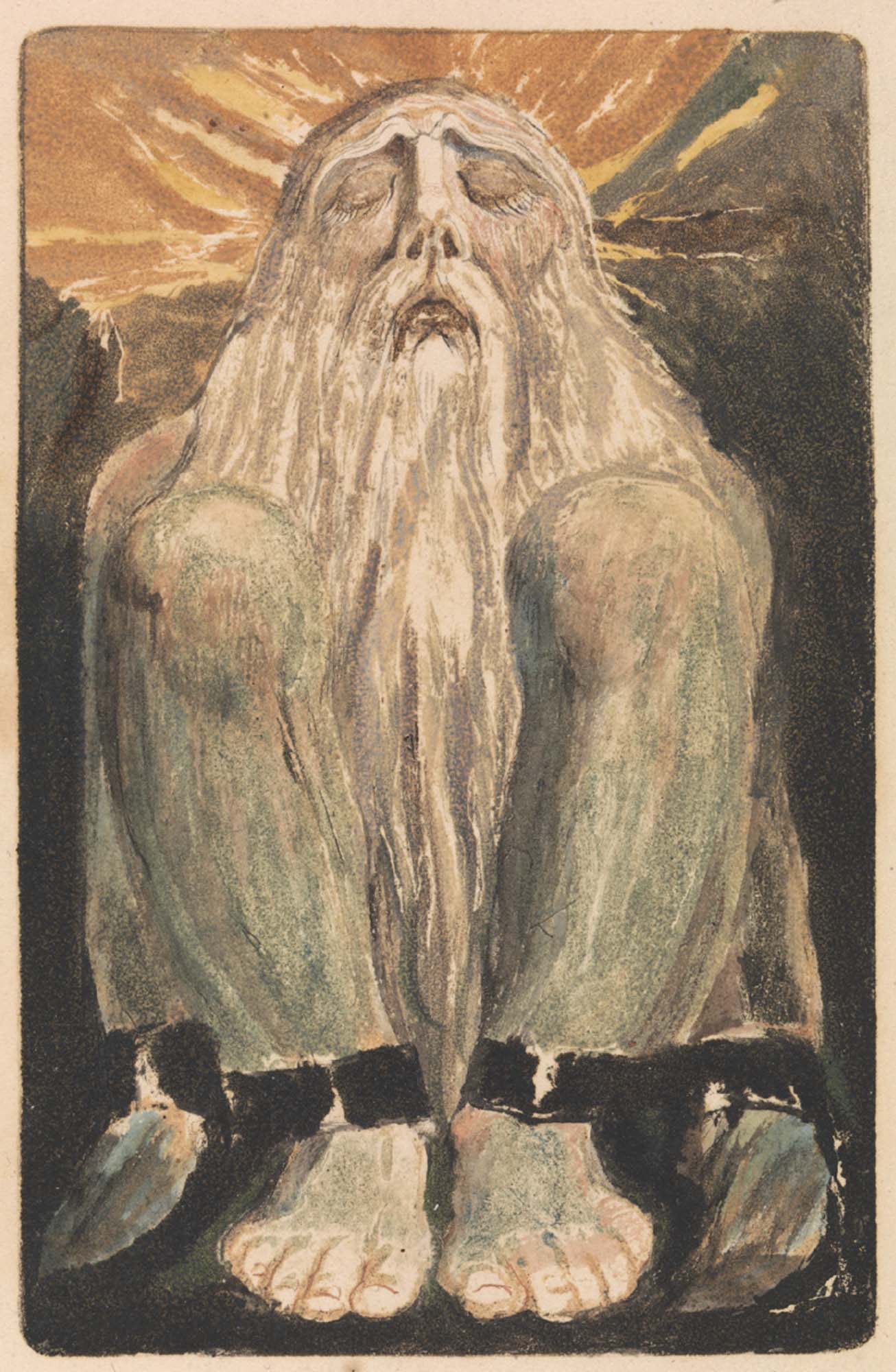 A painting of a man with a long beard. He sits, with his eyes closed, facing toward the sky. His wrists and ankles are shackled.