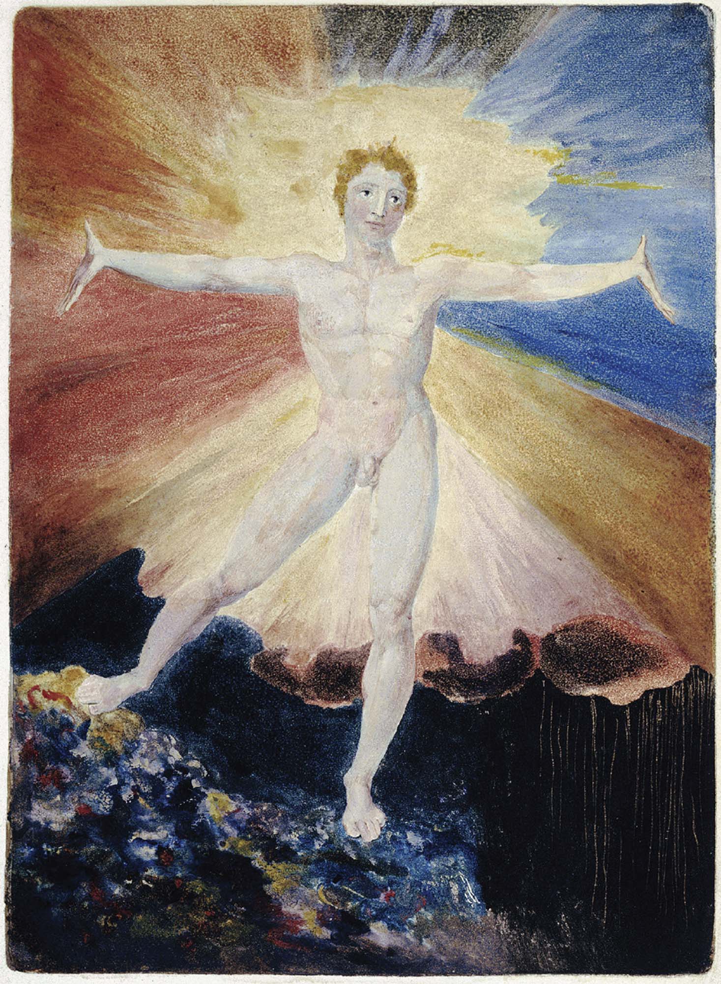 A nude, male figure stands with his arms spread wide amidst a burst of different colors.