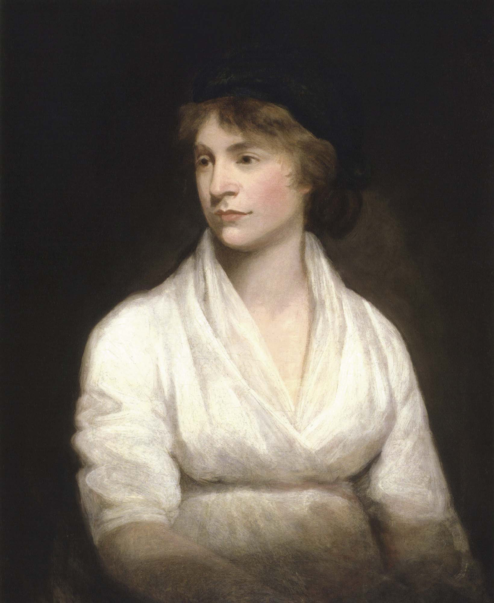 A portrait of a woman. She is painted realistically, against a dark background.