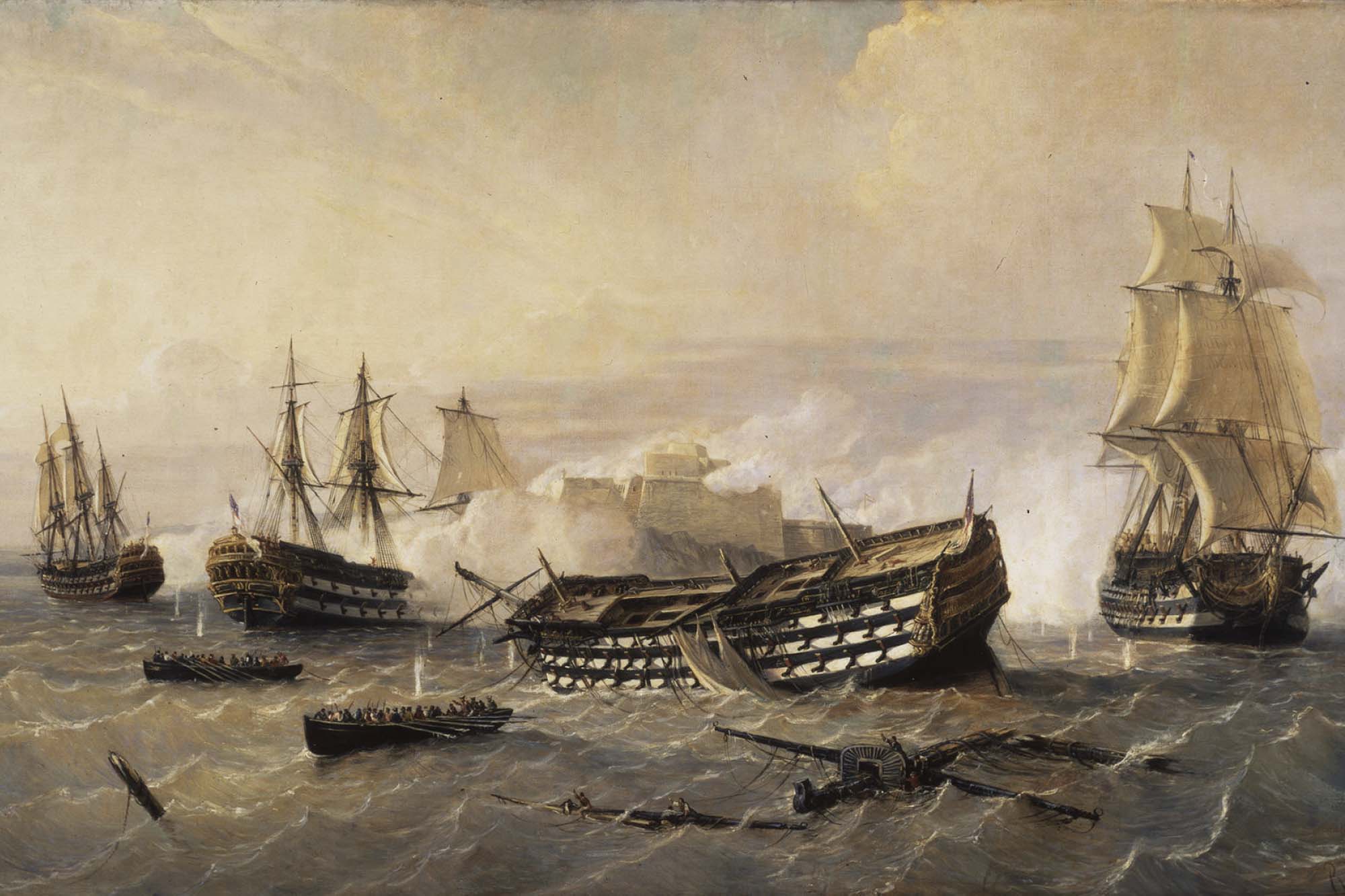 Painting of several large sailboats on a stormy sea. One of the ships has been badly damaged, with all of its sails torn down.