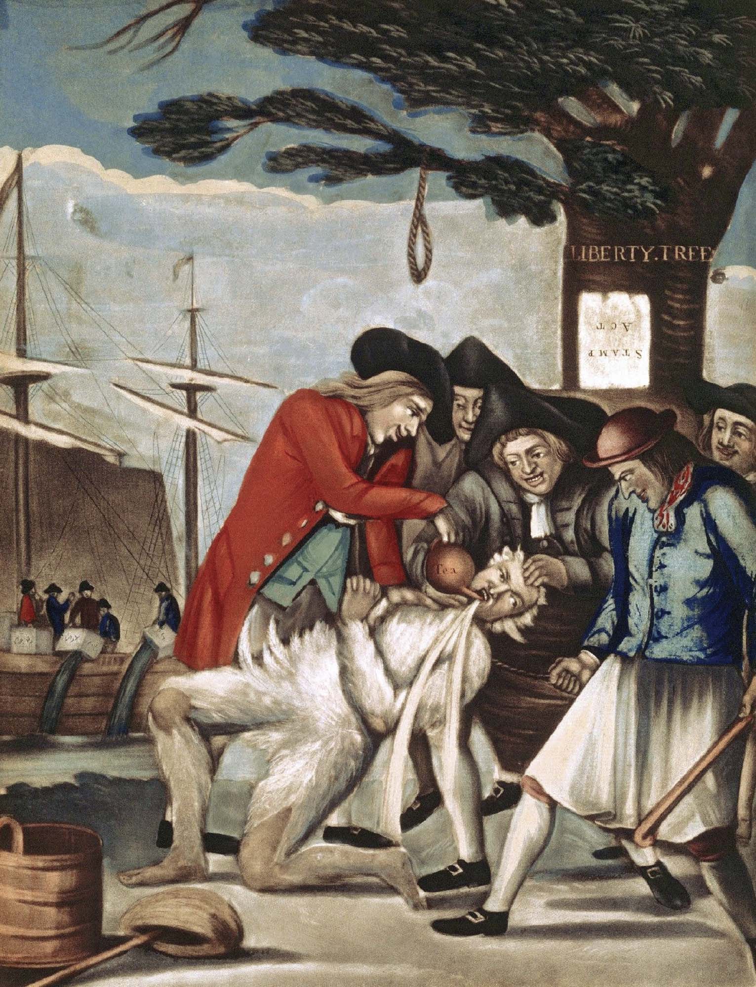 Painting of several men holding another man down, who has been covered in tar and white feathers.