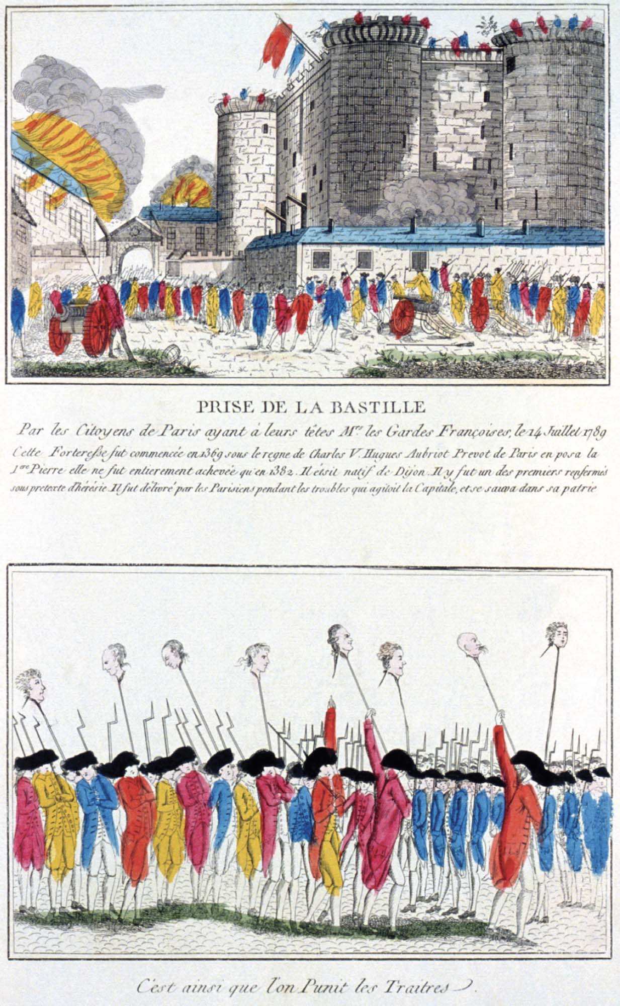 Colorful drawings of soldiers In different colored uniforms holding heads on pikes.