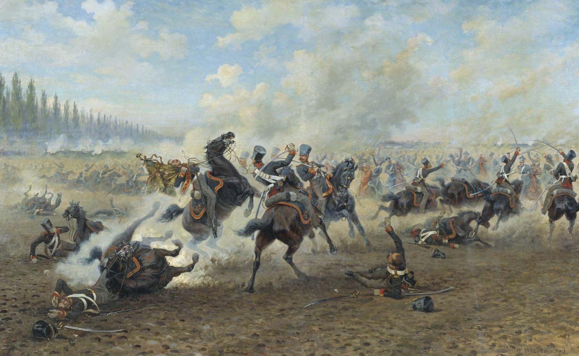 A battle scene. Most men are on horseback, fighting with swords. Several horses and men are down.