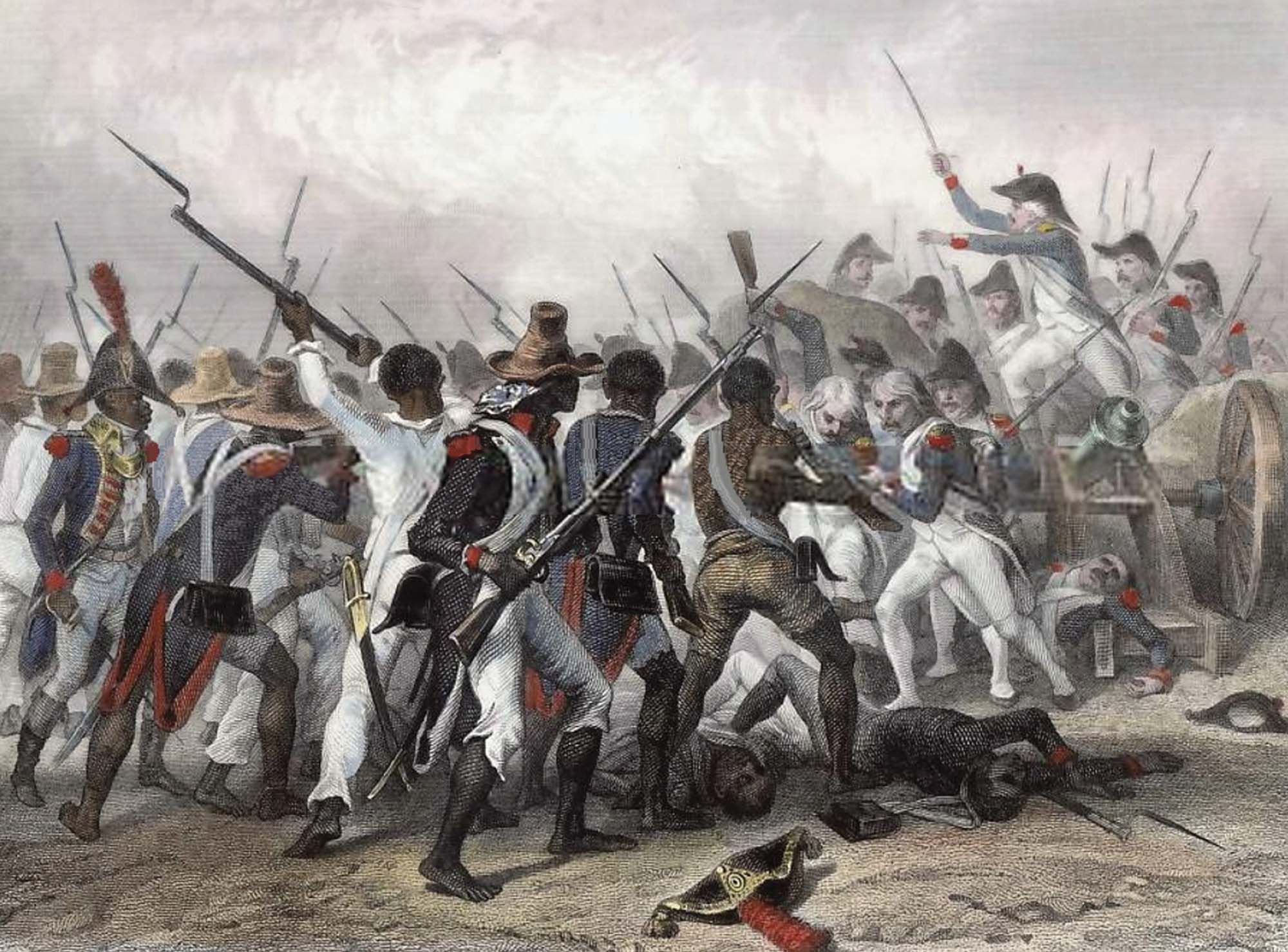 A bloody, crowded battle scene shows Haitian revolutionaries fighting for their independence against European colonizers.