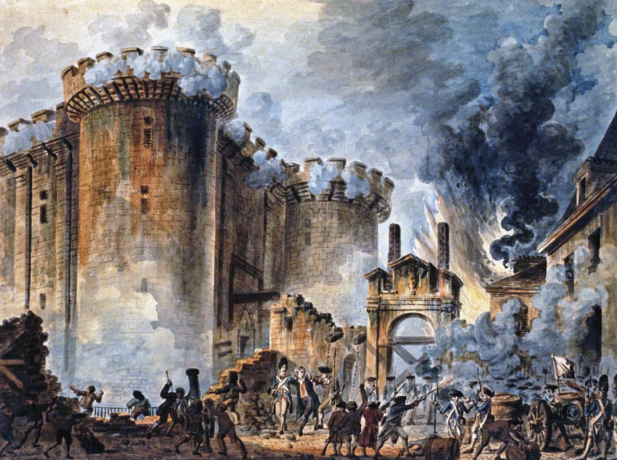 Painting of the Bastille, a large fortress, in flames and smoke, as people fight in the foreground.