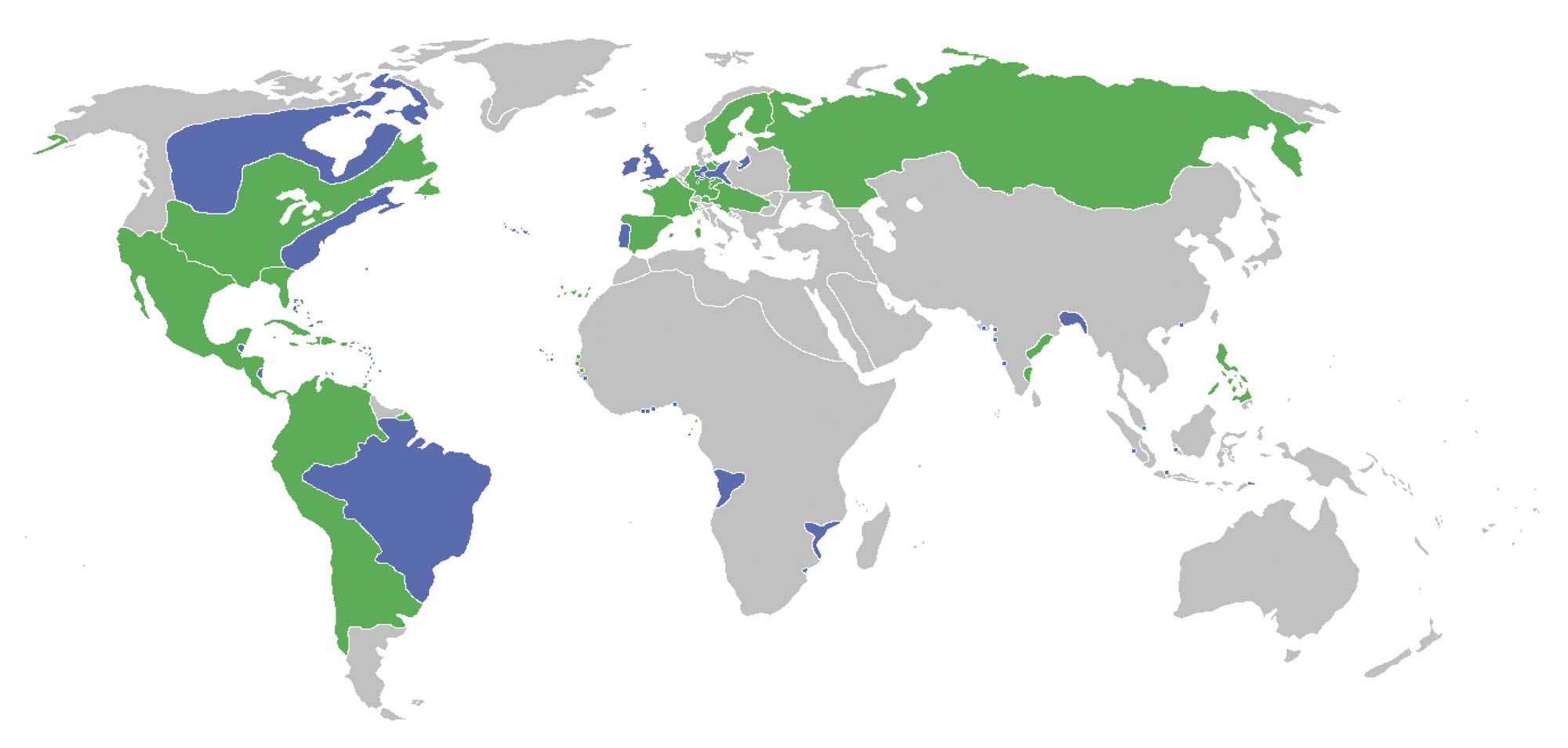 Map of the world with several regions in green, including Mexico, Central America, most of South America, Russia, and Western Europe, and others in blue, including Brazil, Canada, the northeast US, Portugal, and Britain.