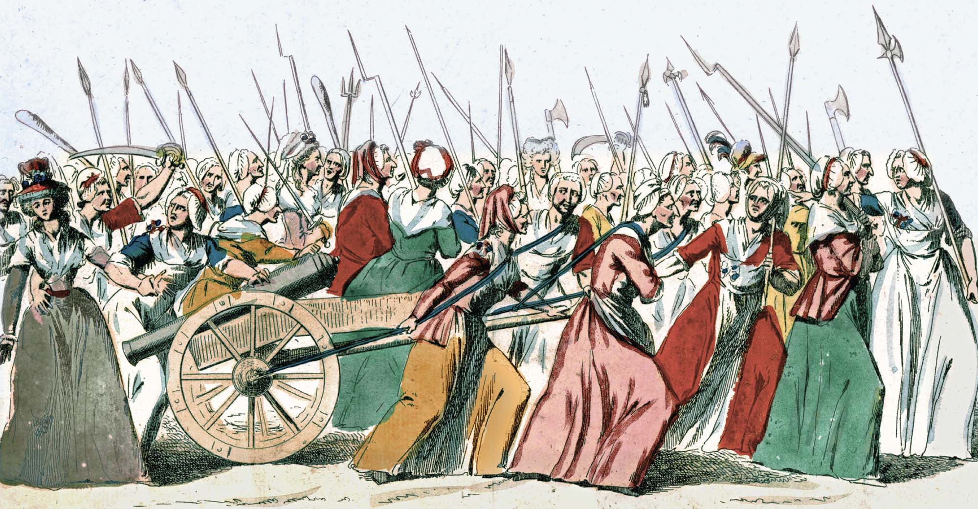 Drawing of a crowd of women marching with miscellaneous weapons and dragging a cannon. Very similar to cover image except the colors are more vibrant.