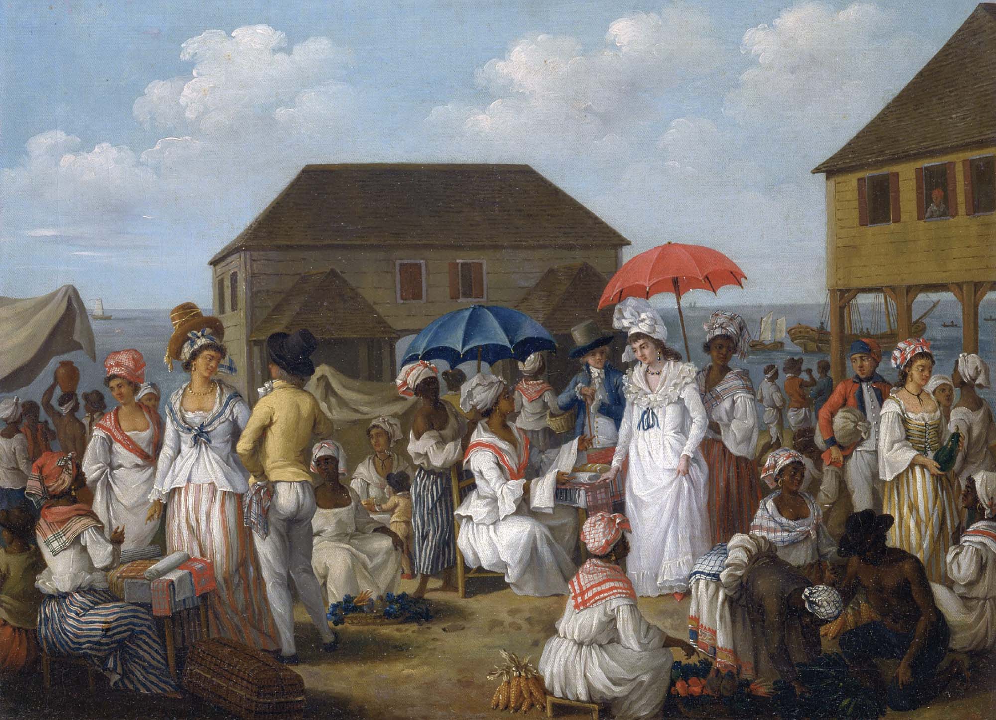 A group of people, mostly women, gathered in a square with miscellaneous wares to sell, surrounded by several buildings and a nearby port.