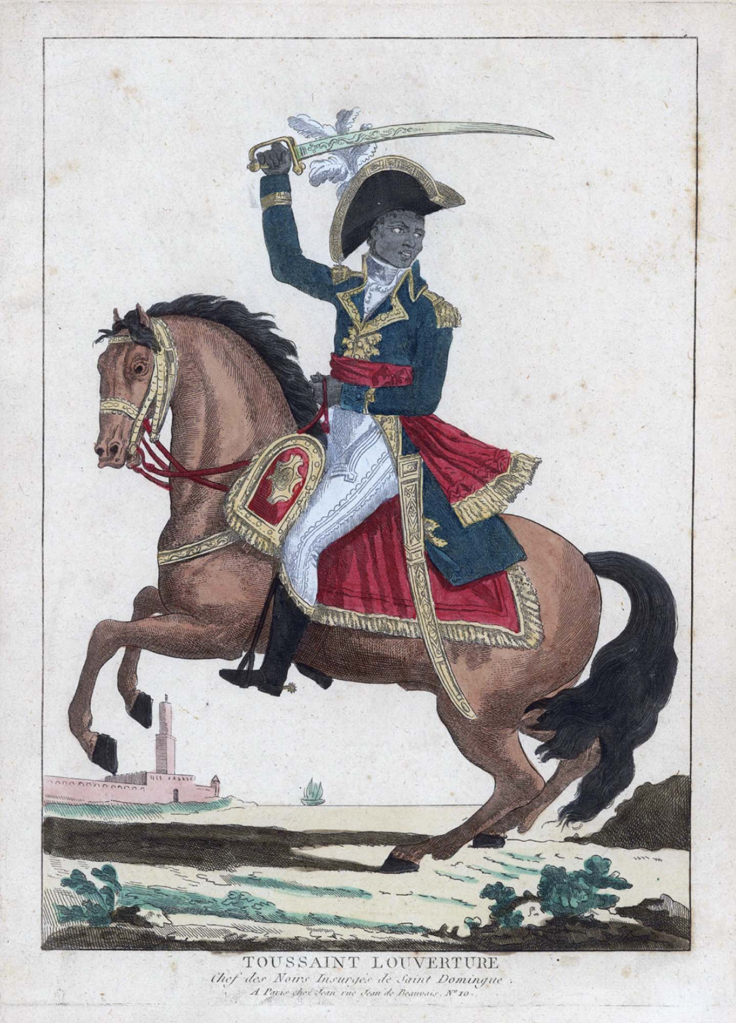 A man in an elegant blue and red revolutionary uniform, riding a horse and wielding a sword.