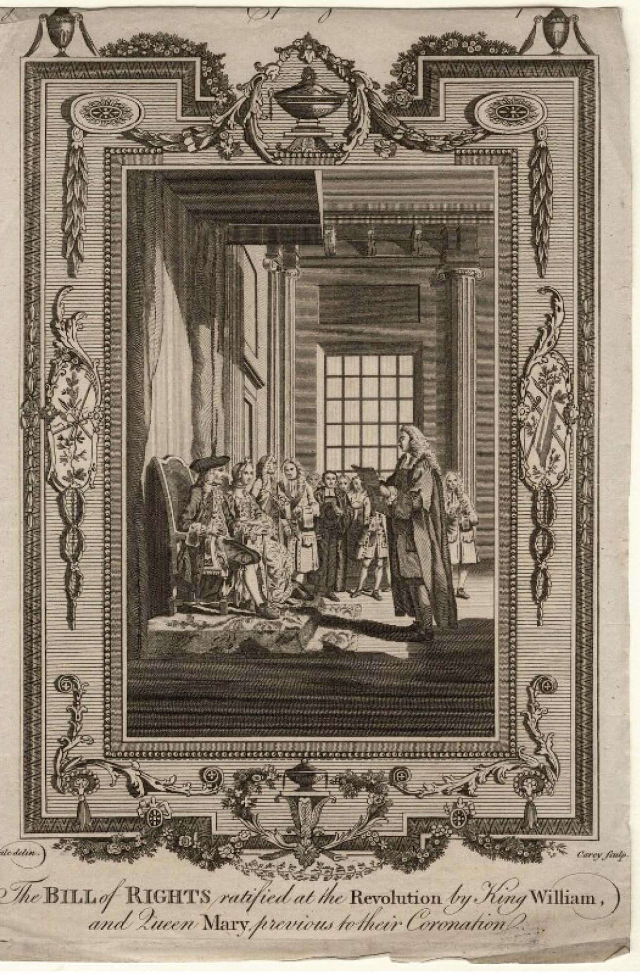 Elaborate engraving of the royal court at the ratification of the Bill of Rights by King William and Queen Mary.