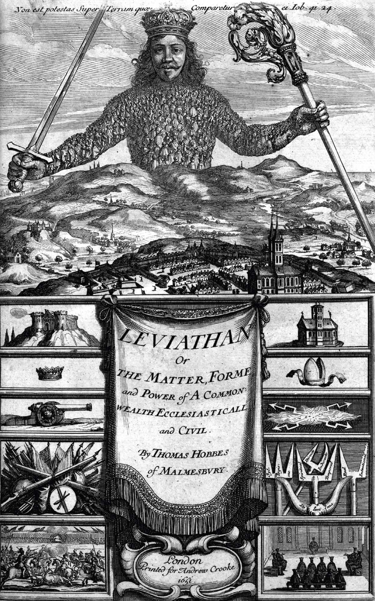 A drawn representation of the book Leviathan. There are a number of small images, including drawings of symbols and of a large house. The largest drawing shows a man of great size standing over a city. He is wearing a crown and holding a sword.