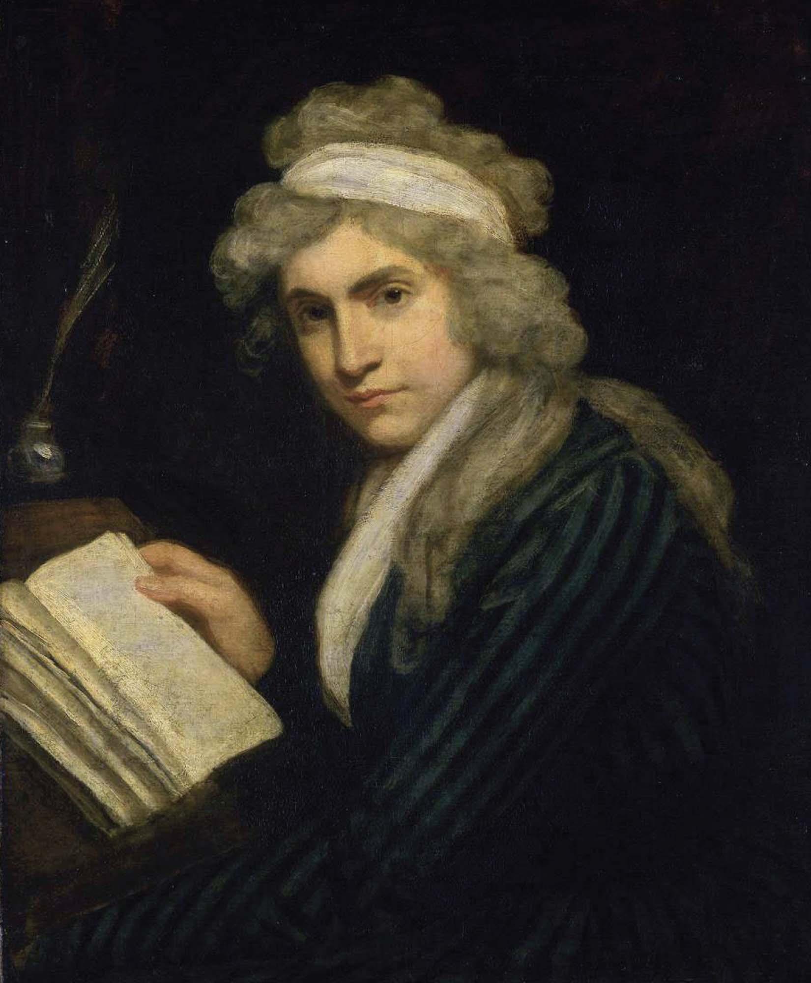 A portrait of a woman. She has grey hair held back with a white headband and is wearing a striped dress and holding a text in one hand.