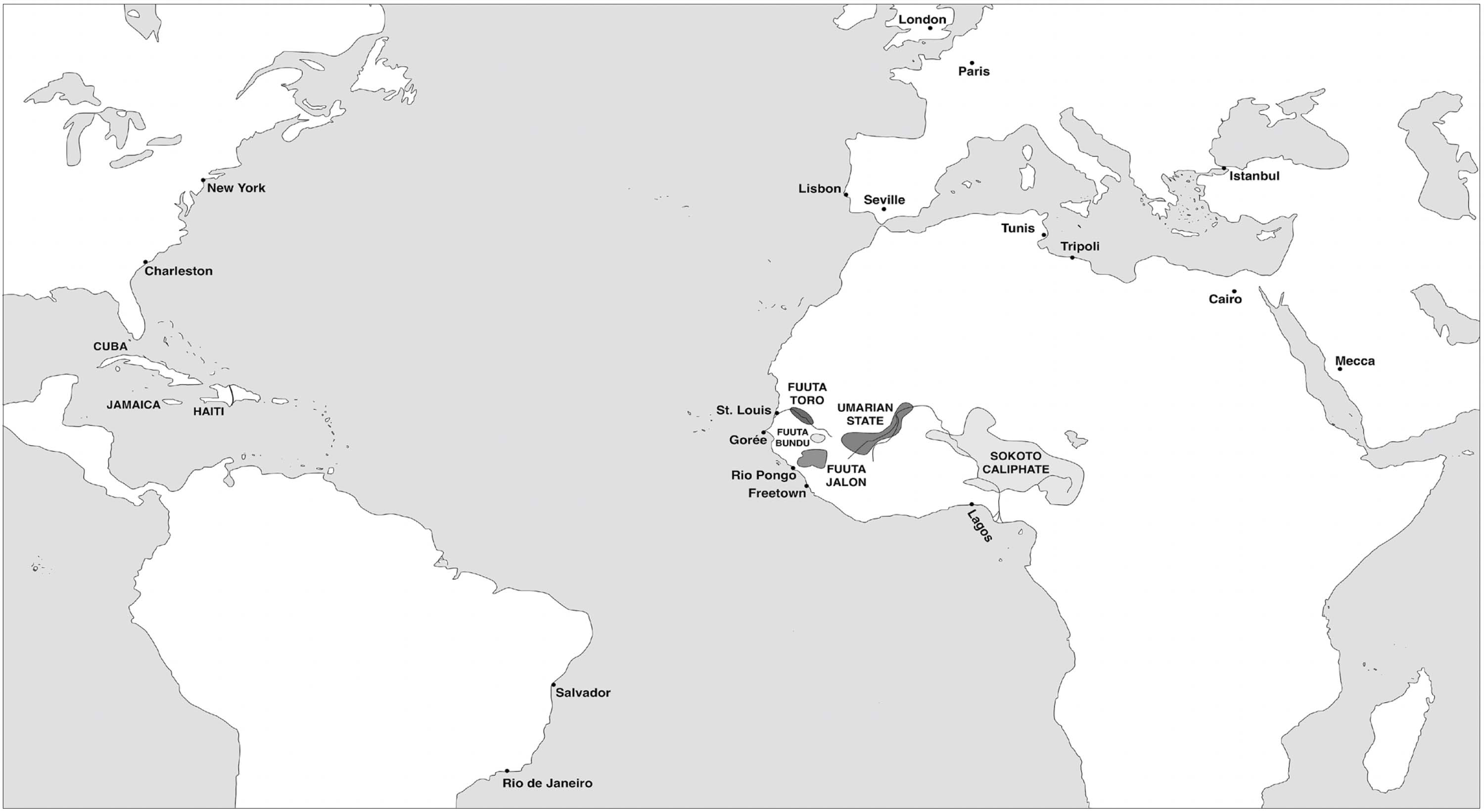 Map of the world with major cities labelled in North America, South America, Europe, North Africa, and the Middle East. With detailed labels of states and caliphates in West Africa.