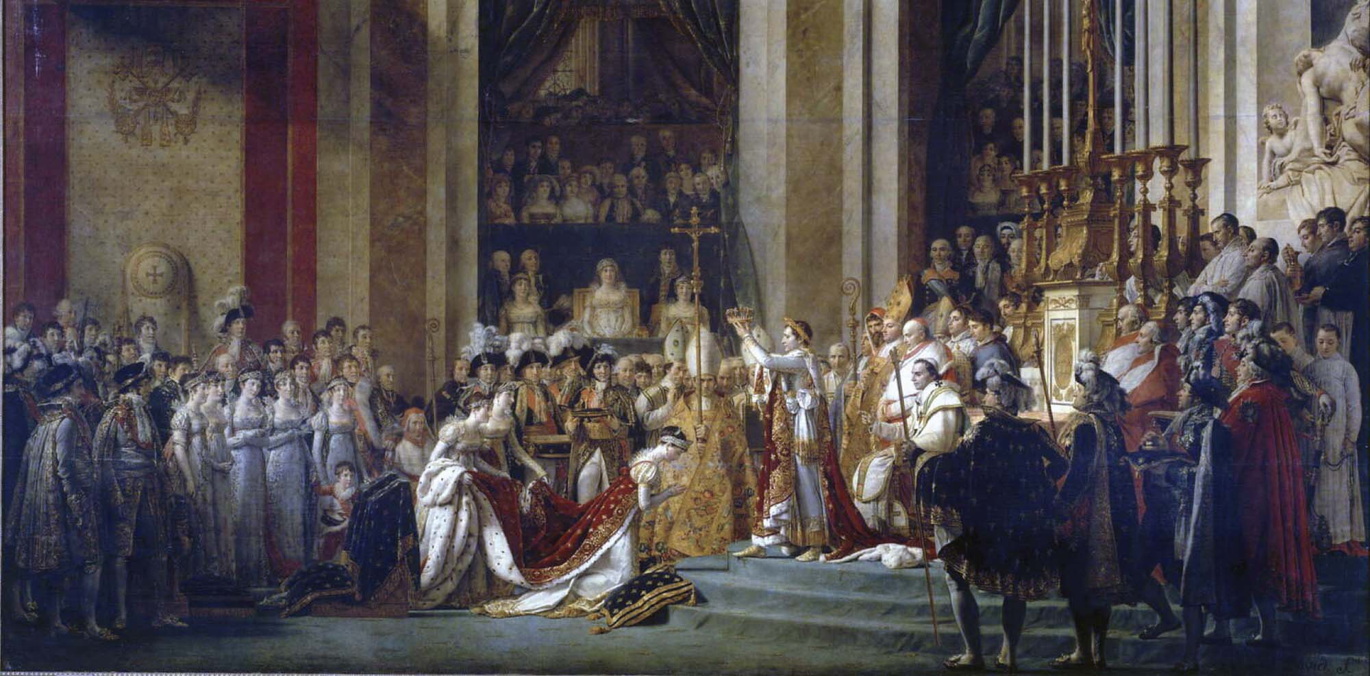 Painting of a grand hall where a woman kneels in front of a man holding a crown above her head as a large crowd watches.
