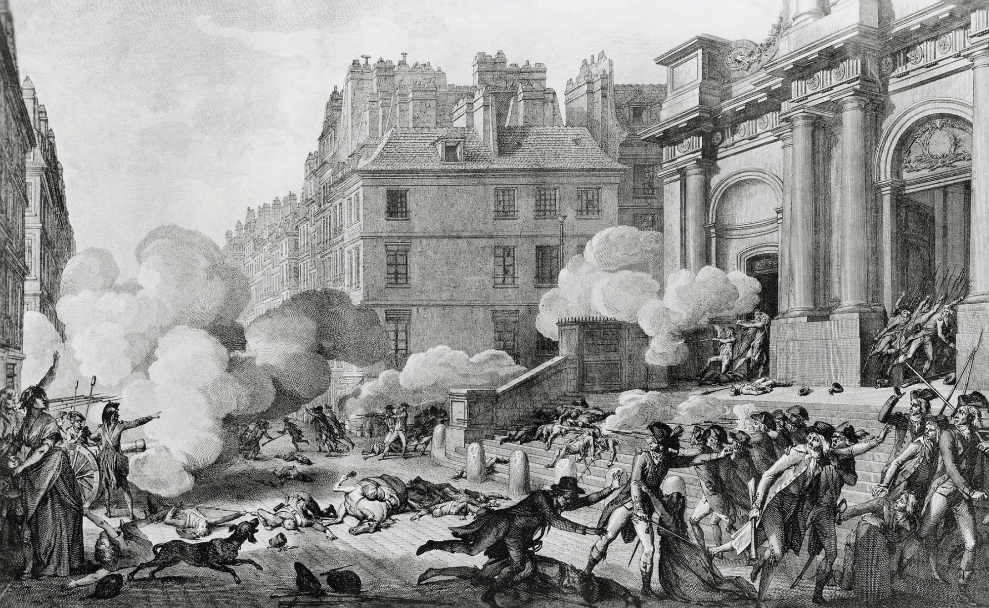 Black and white drawing of fighting at the steps of a church as smoke fills the air and men brandish rifles.