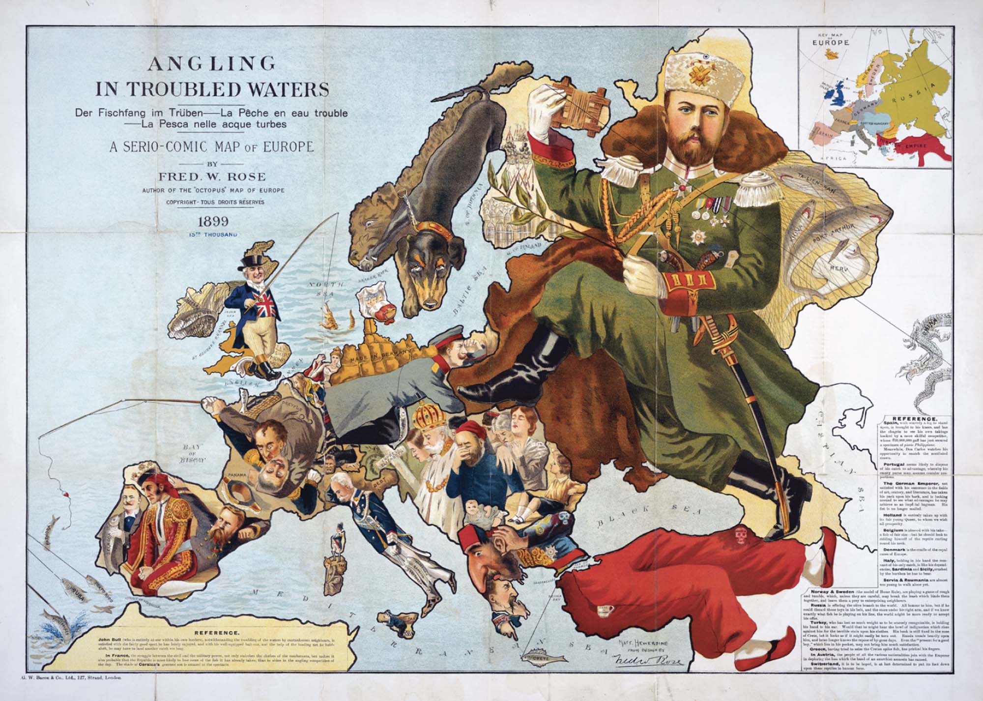 A satirical drawing. European nations are drawn as cartoonish, belligerent men, fighting one another.