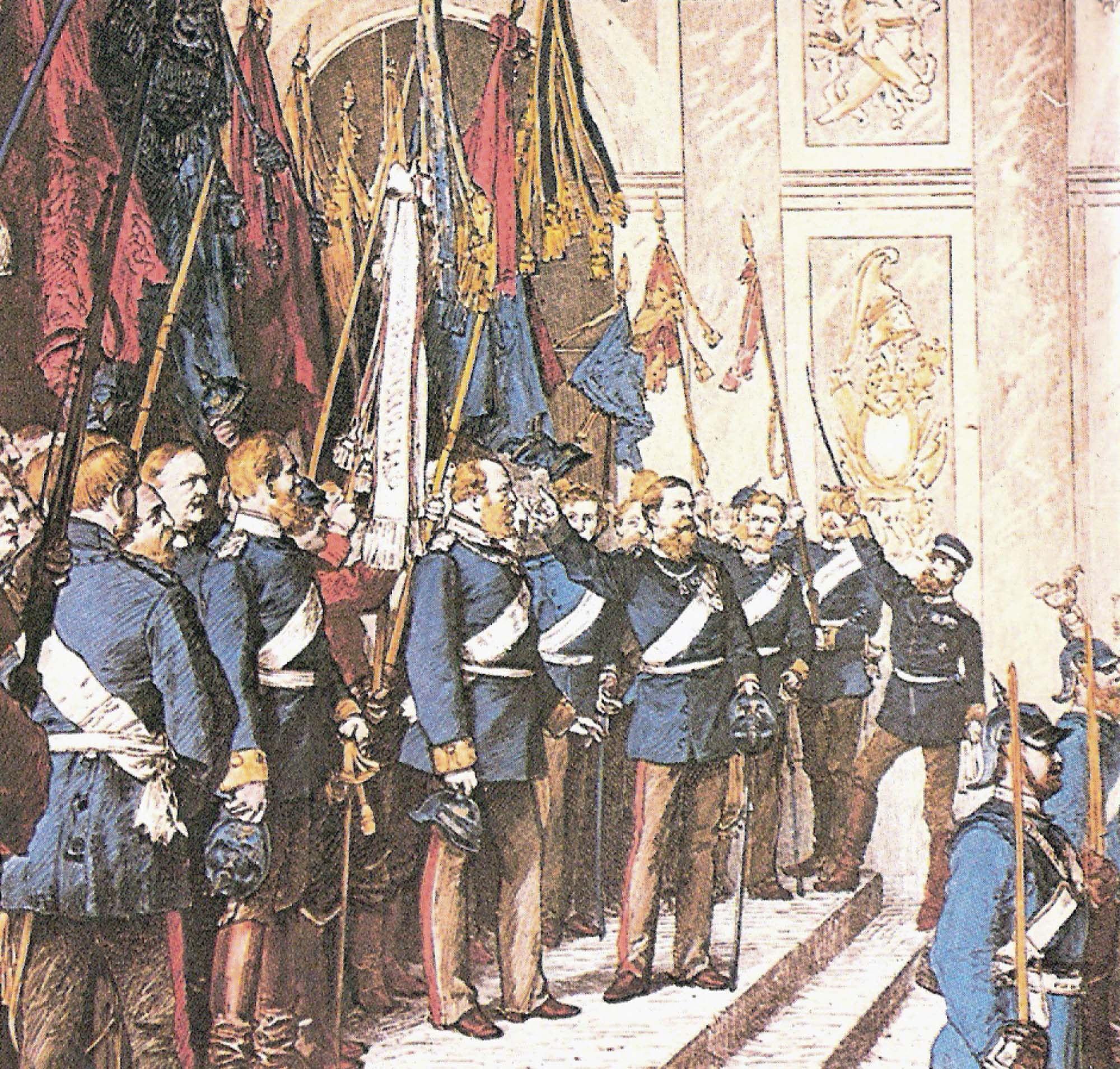 A painting depicts men in uniform, standing on a platform, raising flags to the German empire.