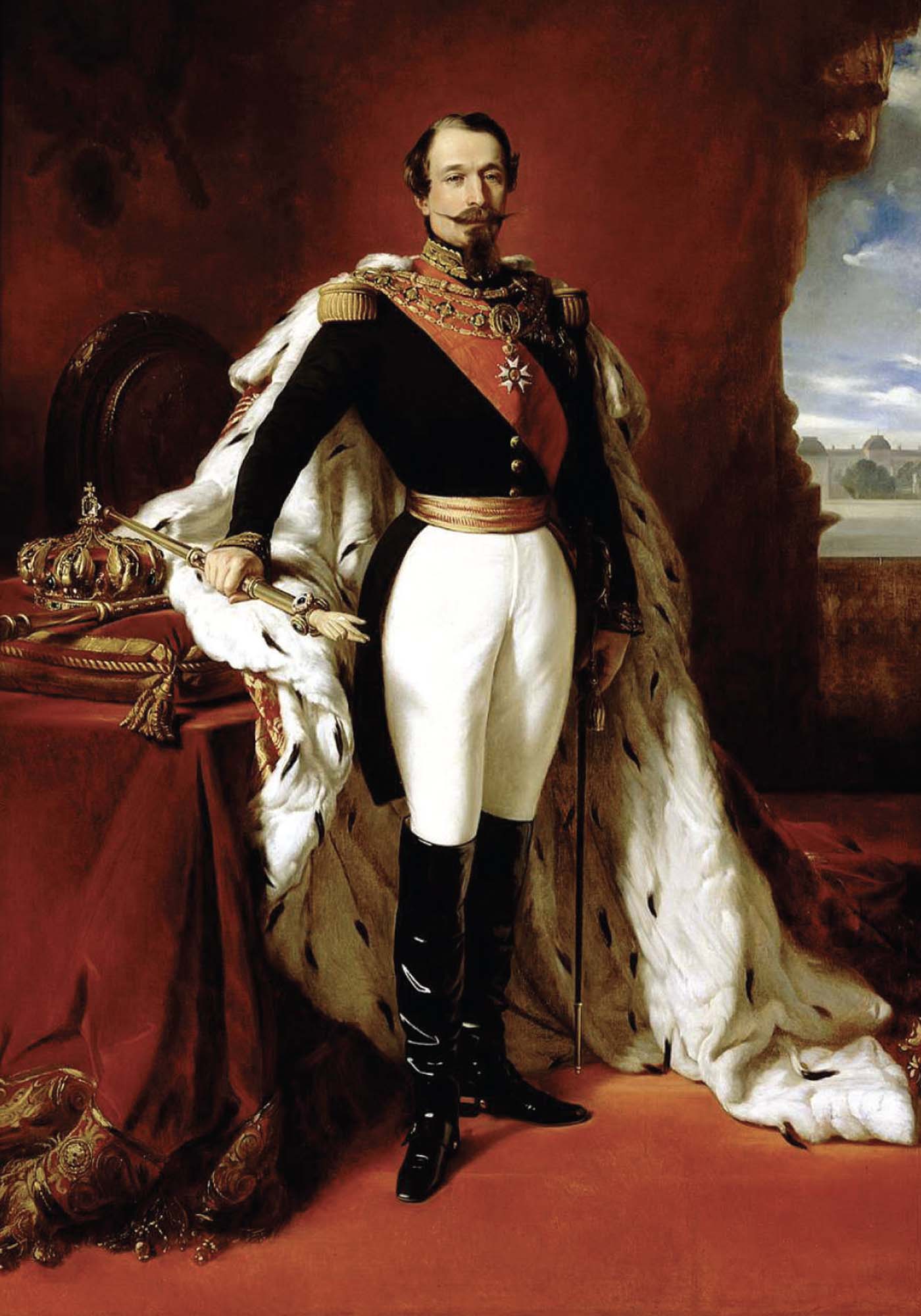 Portrait of an elaborately dressed Napoleon III holding a sceptre and posing for a painting.