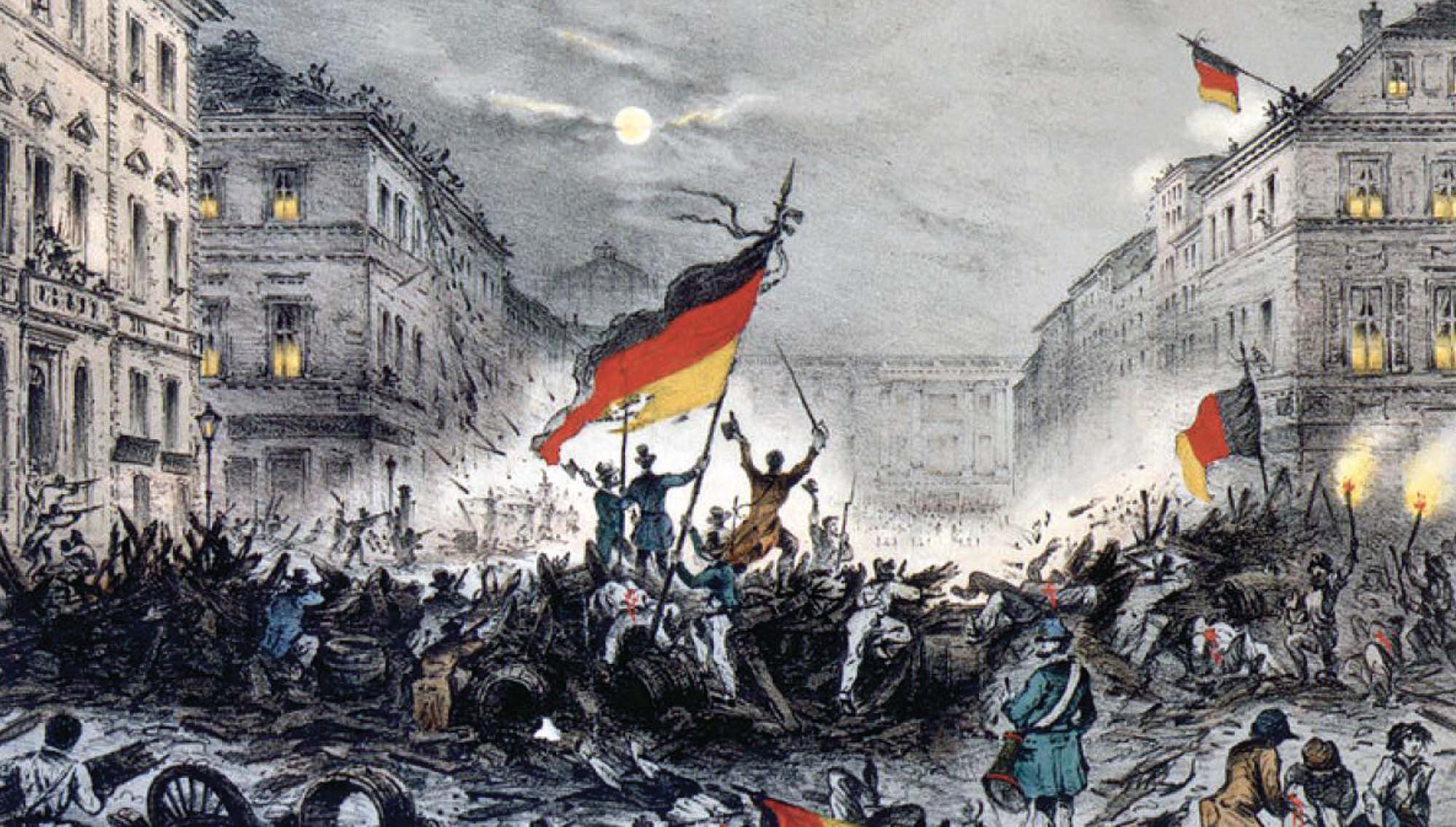 Large crowds wave flags and carry torches at a German revolution in Berlin in 1848.