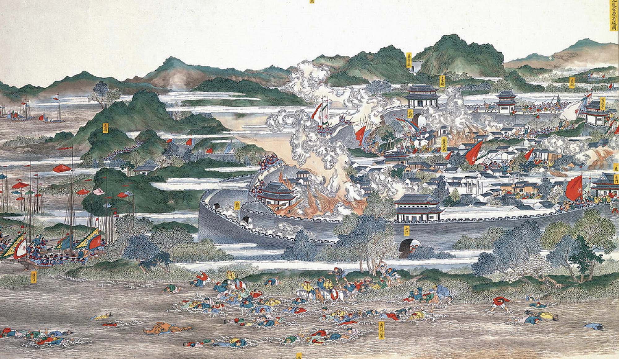 Scenes of battle and burning buildings from the Taiping Rebellion in 1857.