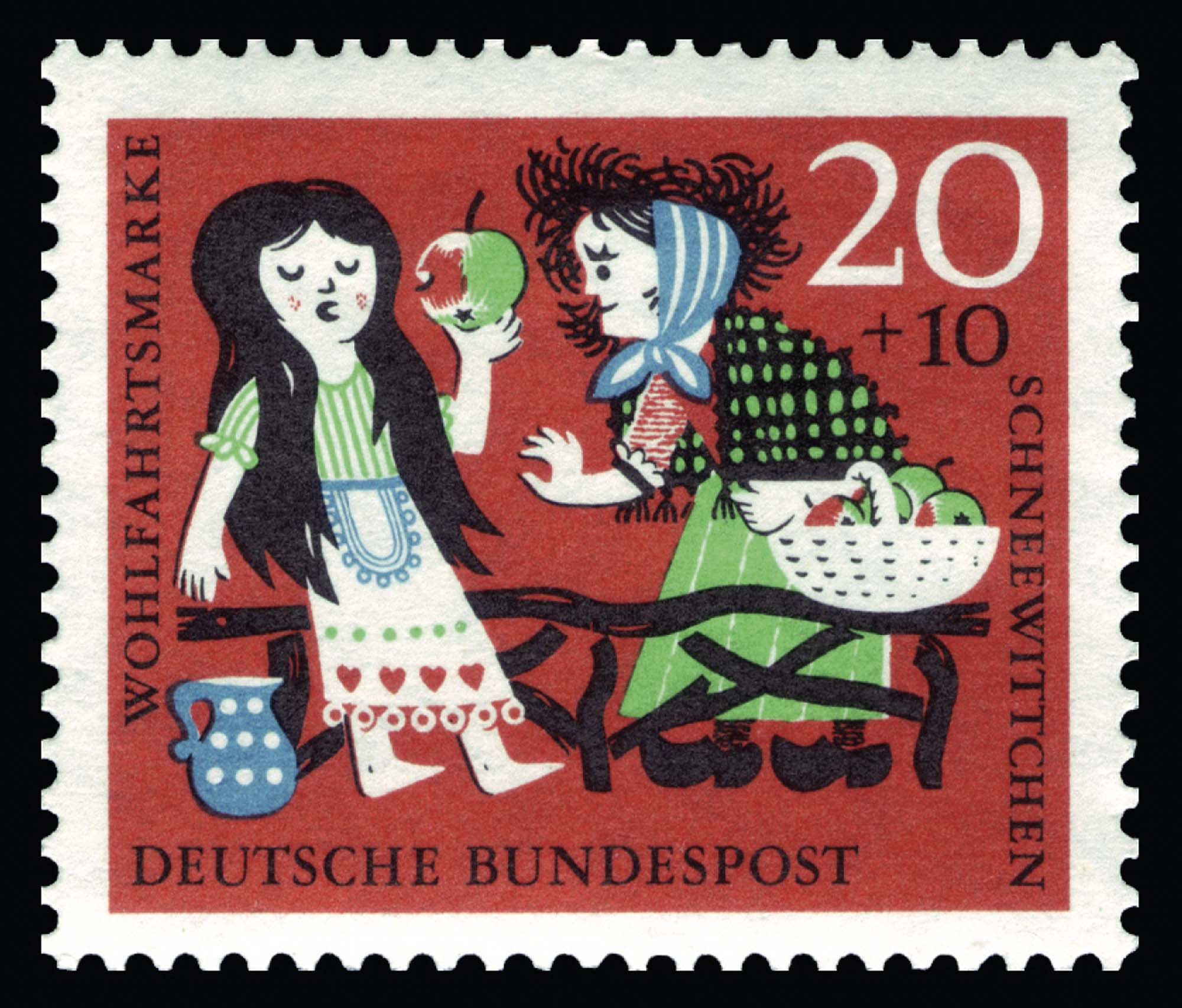Stamp of a girl with her eyes closed after eating a bite of an apple while the old woman who had given her the apple watches. 