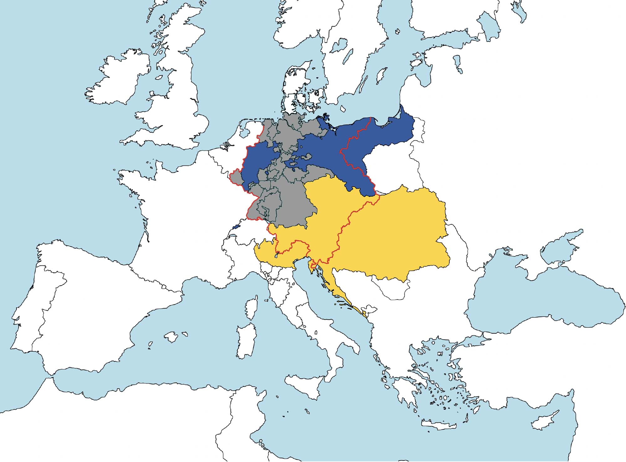 Map of Western Europe with the German Confederation outlined in red, Prussia in blue, and Austria in yellow.  