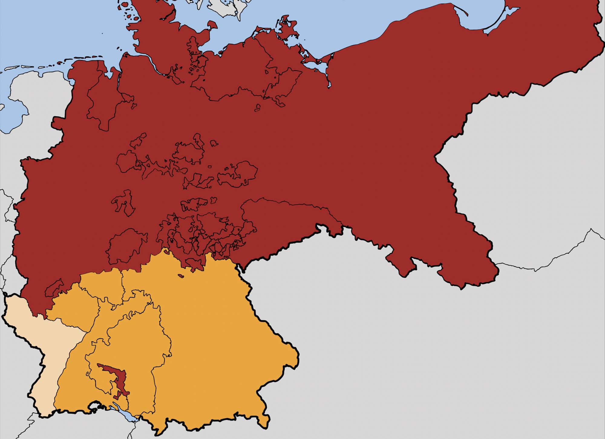 Map of the German states, with those acquired from Austria in red, those acquired from France in orange, and Alsace-Lorraine in beige.  