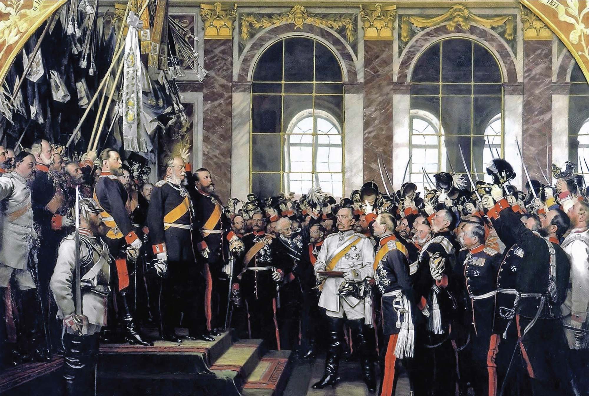 Painting of a military crowd gathered in a formal hall with several officers on a raised platform holding banners.