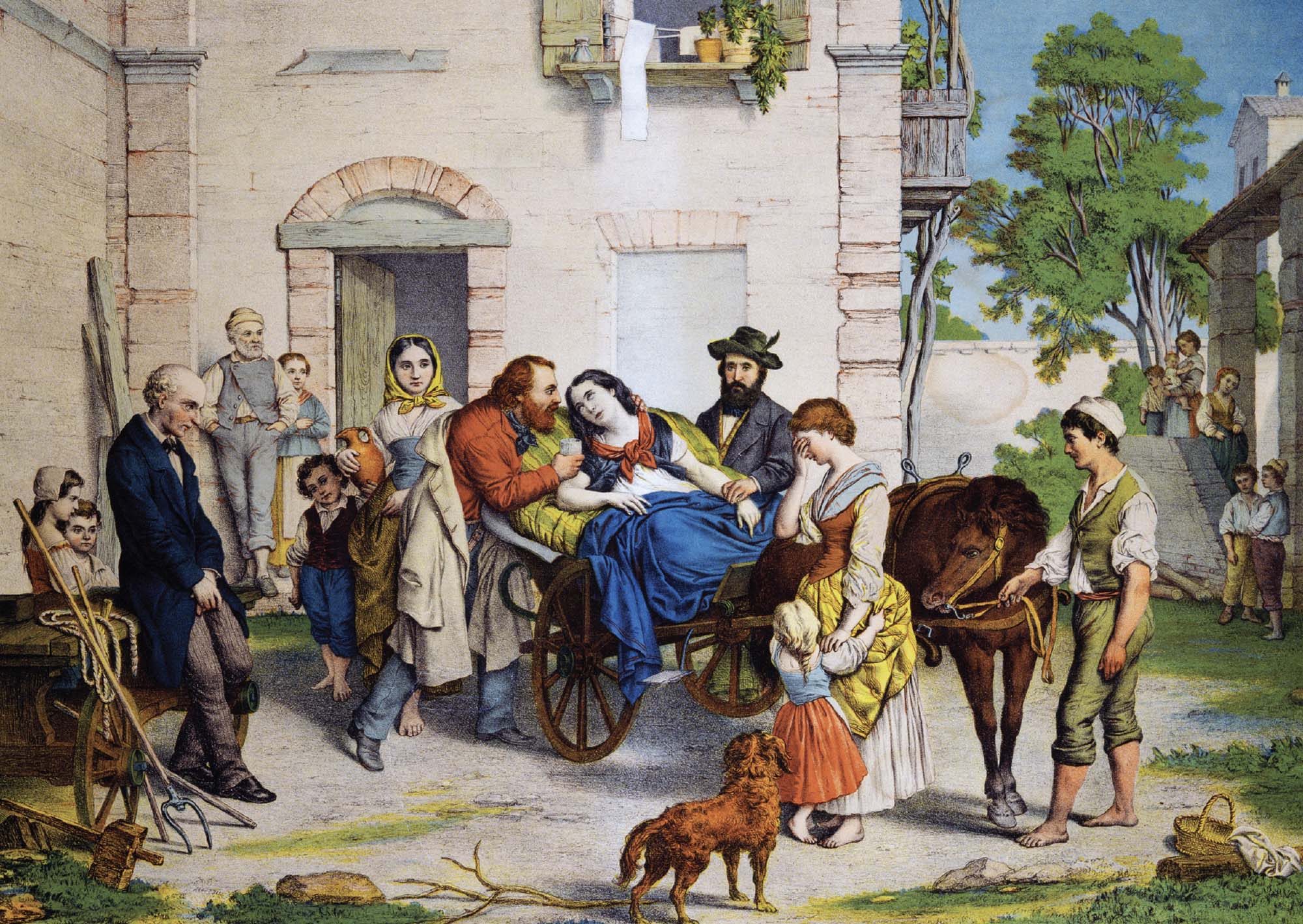 Painting of a solemn and concerned crowd surrounding a sickly woman being carried in a horse-drawn wagon.