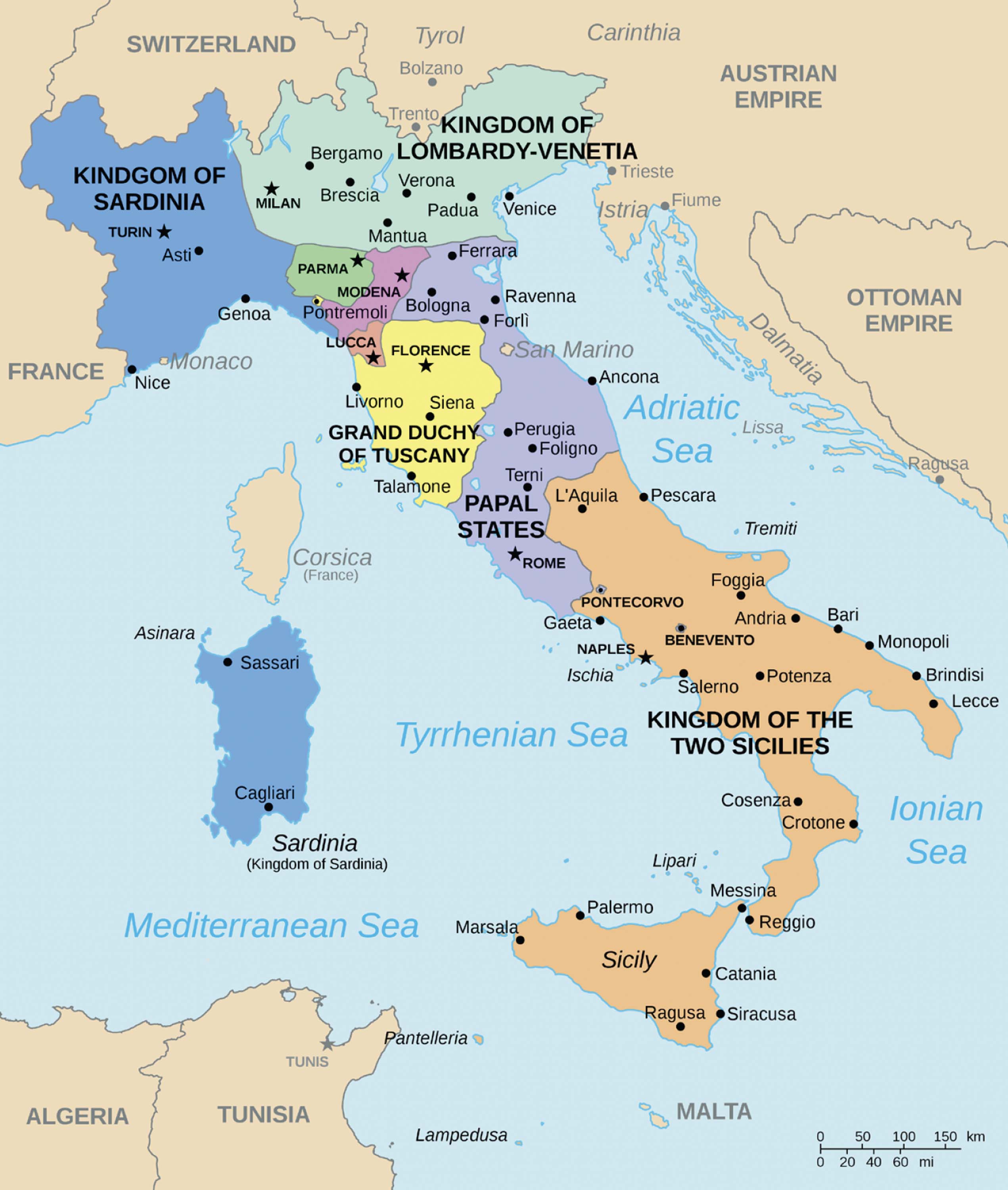 Map of Italy showing eight separate states, indicated by different colors.  