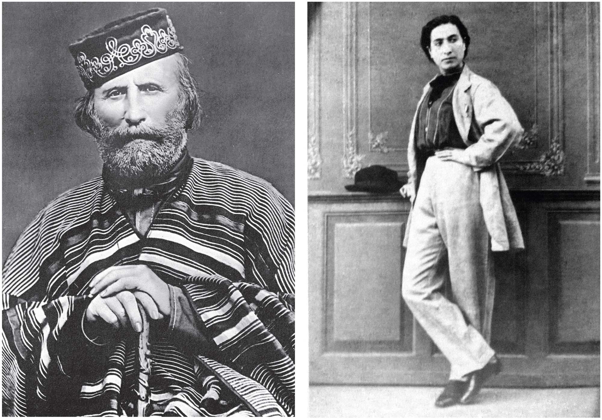 Portrait of Garibaldi wearing a decorated hat, a striped covering, and holding a cane(left). Portrait of Ana Maria wearing a white suit, looking off into the distance (right).