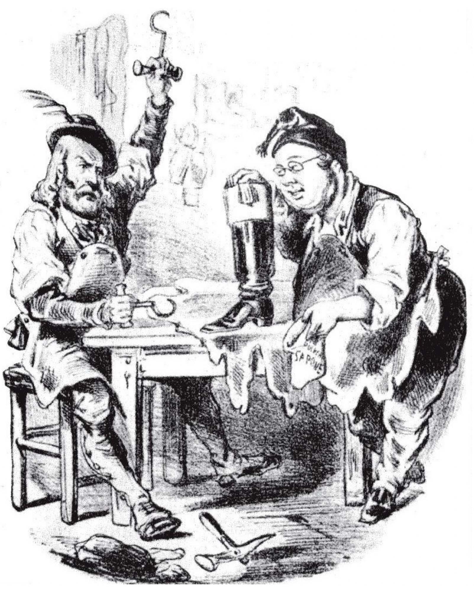 Cartoon of two men sitting at a table, one holding two hooks, the other studying a boot. 
