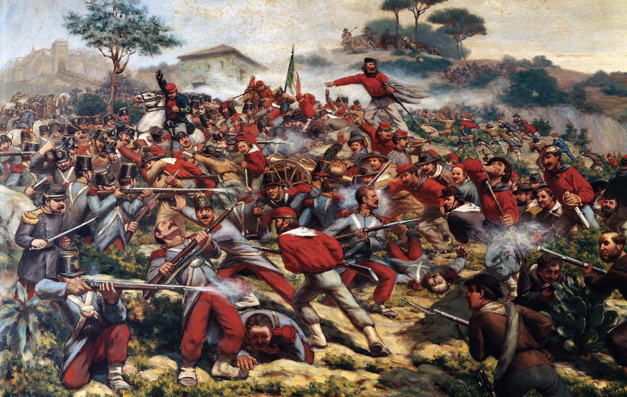 Painting of a chaotic battlefield with uniformed officers on the left and more plainclothes individuals wearing red on the right, all holding rifles. 