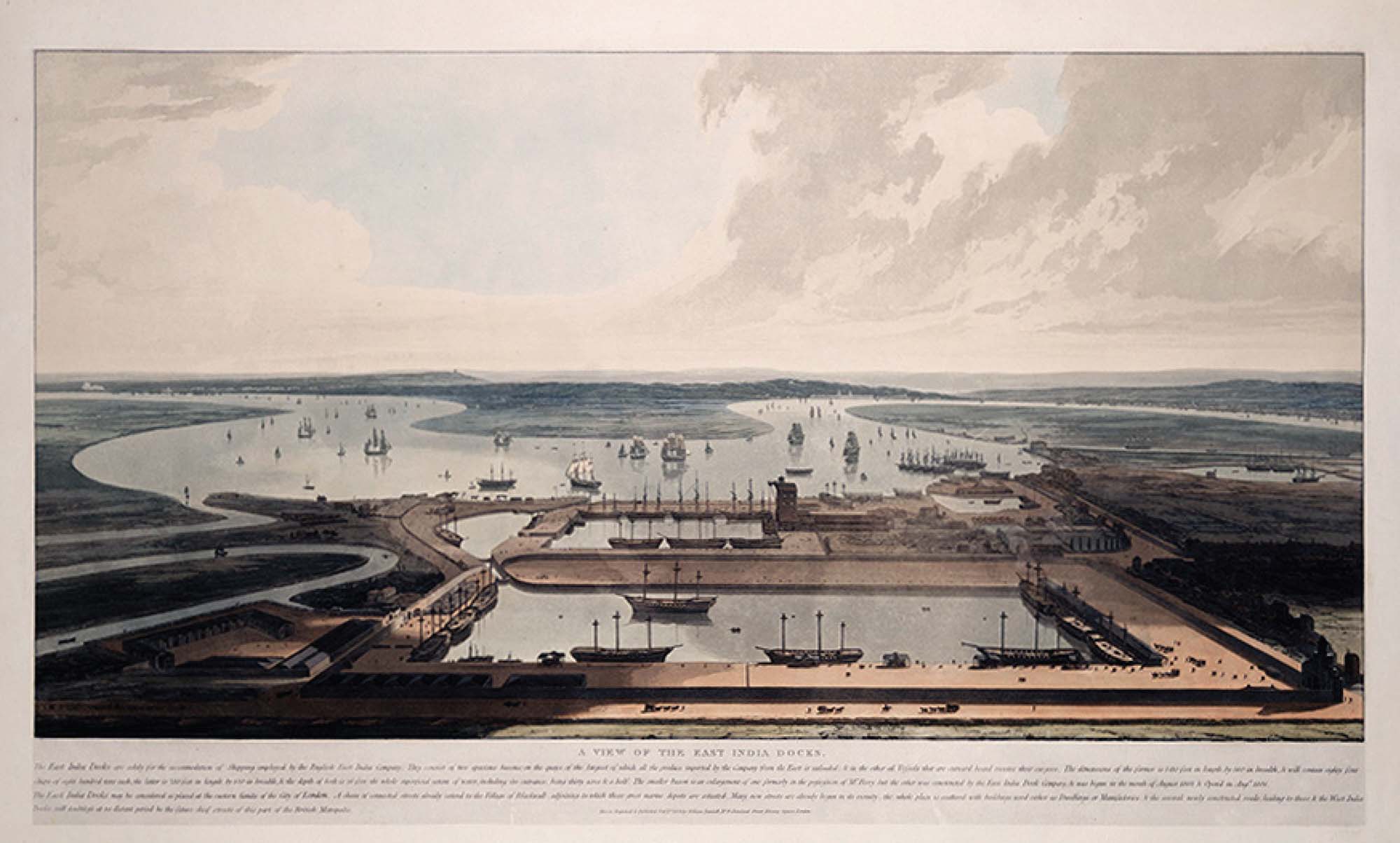 Panoramic view of London harbor and trading docks.