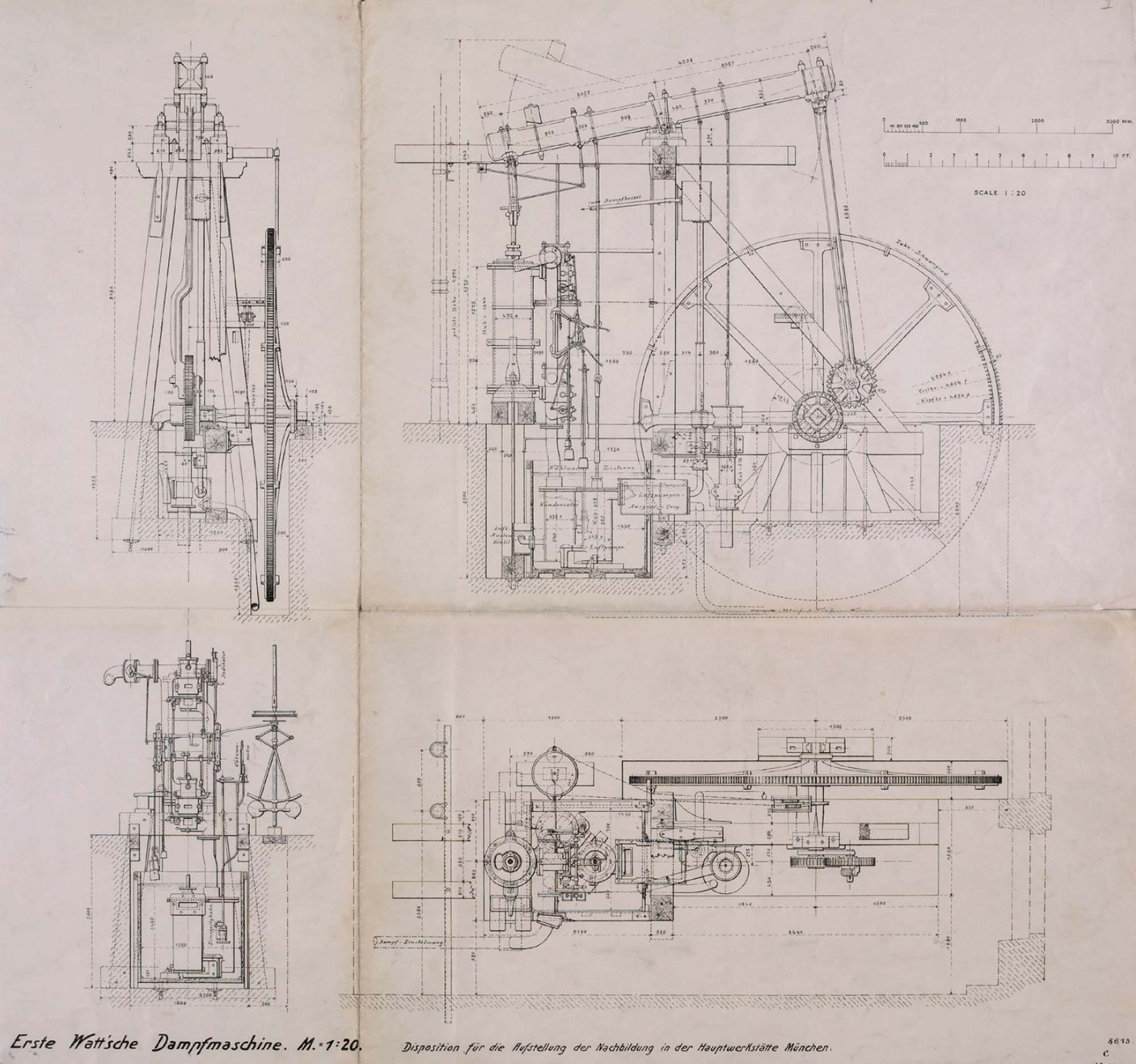 Schematic drawing of a mechanical system from multiple angles. 