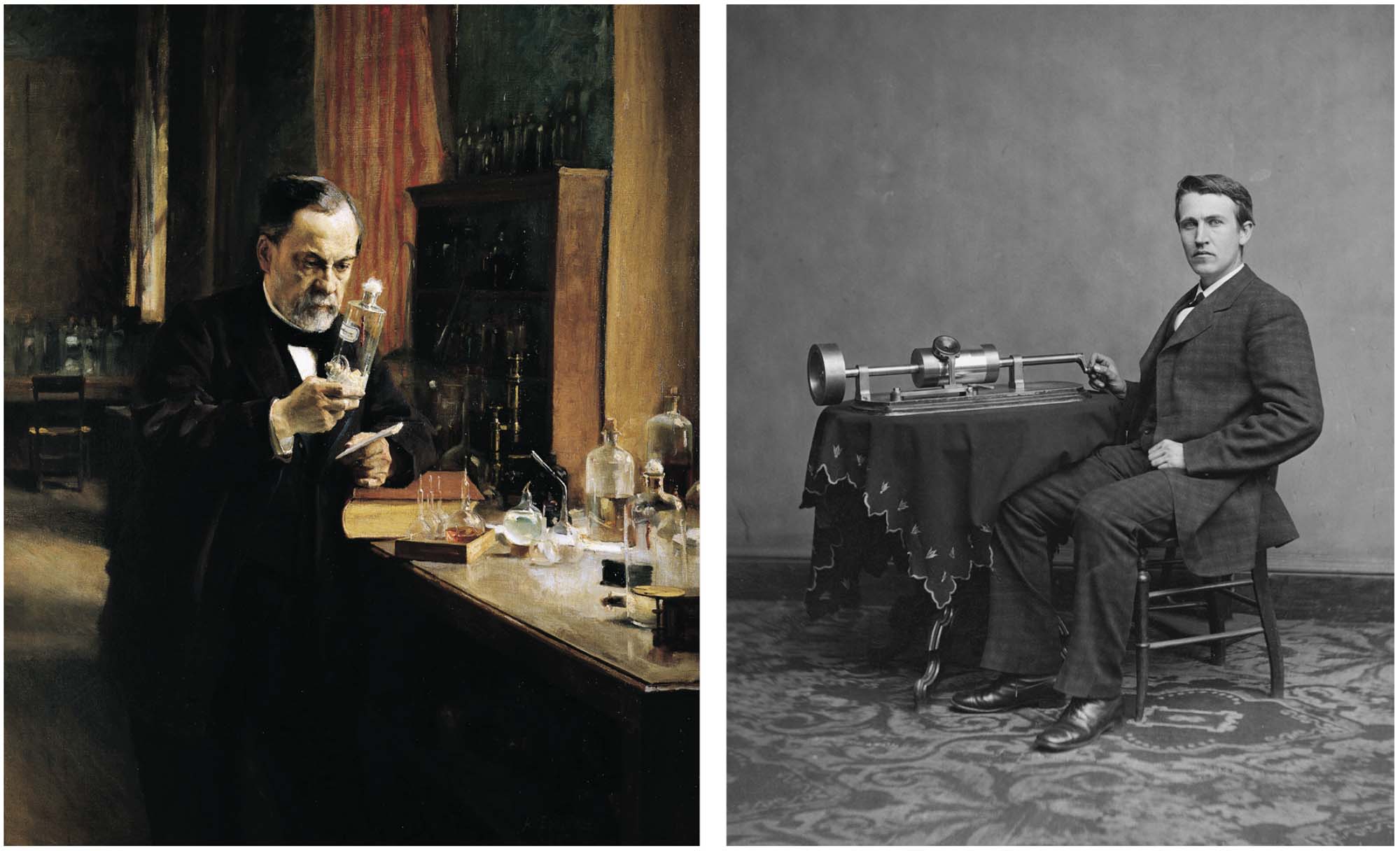 Left an oil painting of Louis Pasteur in his lab. On the right, a photograph of Thomas Edison operating an electric device.