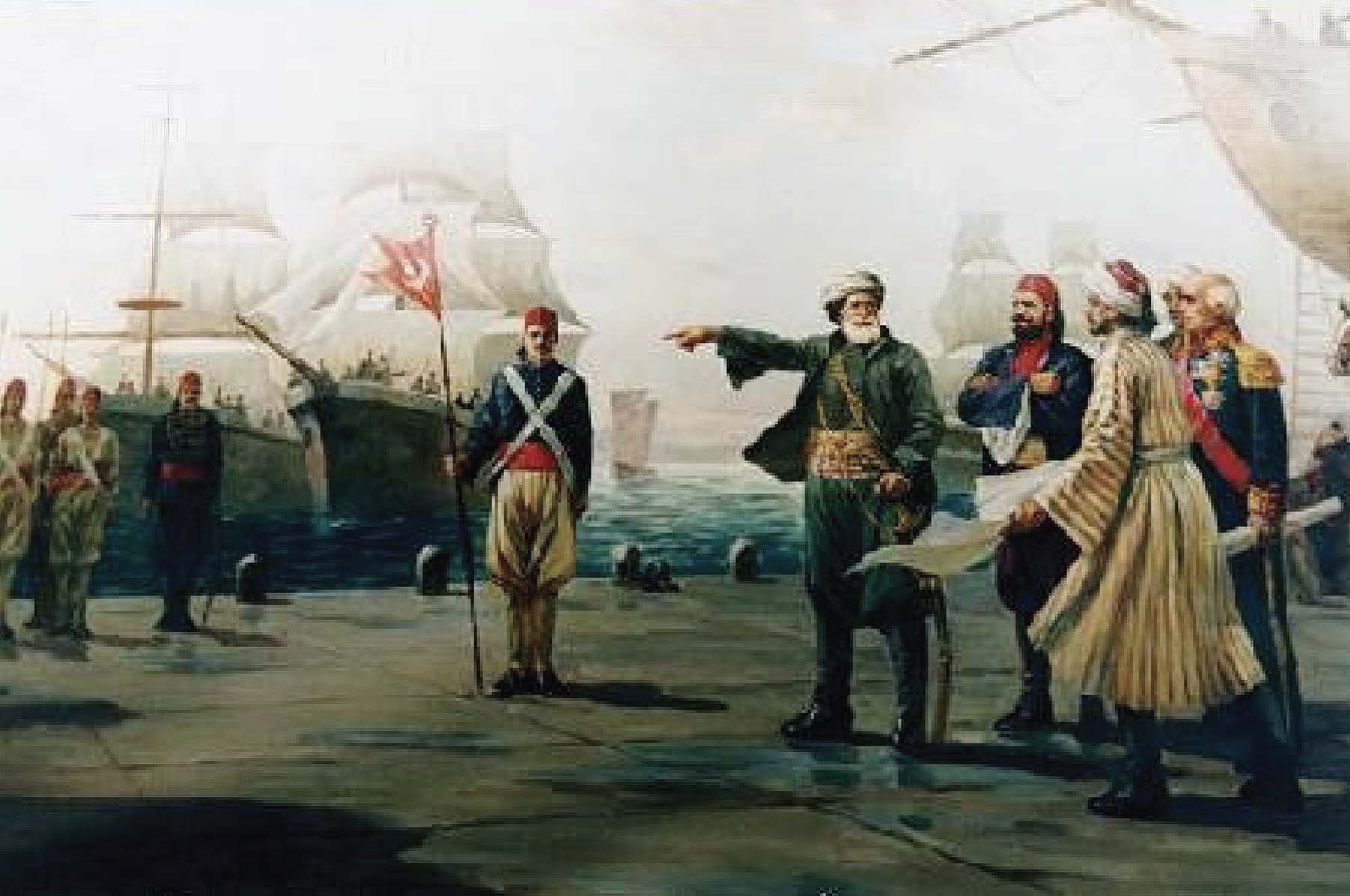 A painting of several men standing in front of several large sailing ships. Muhammad Ali, depicted in traditional clothing in the color green, is pointing at one of the ships.