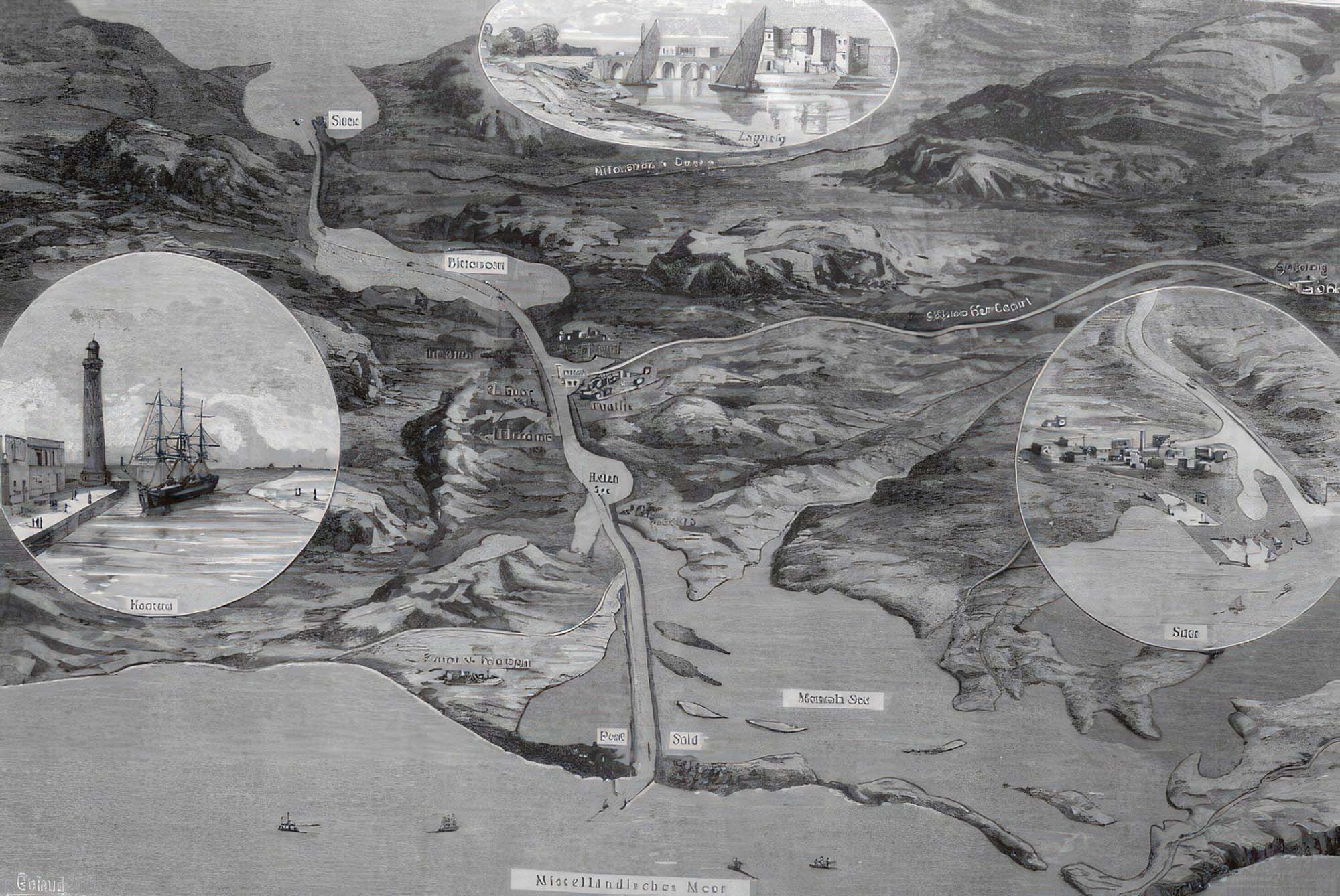 A drawn map of the Suez Canal, with three close-up images of Suez (a small town) and Kantara (a dock with a large sailing ship).