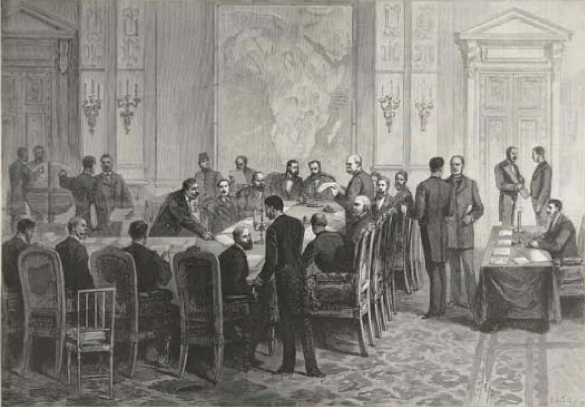 A black and white drawing depicts men in a grand meeting room, sitting at a long, L-shaped table, in conversation.