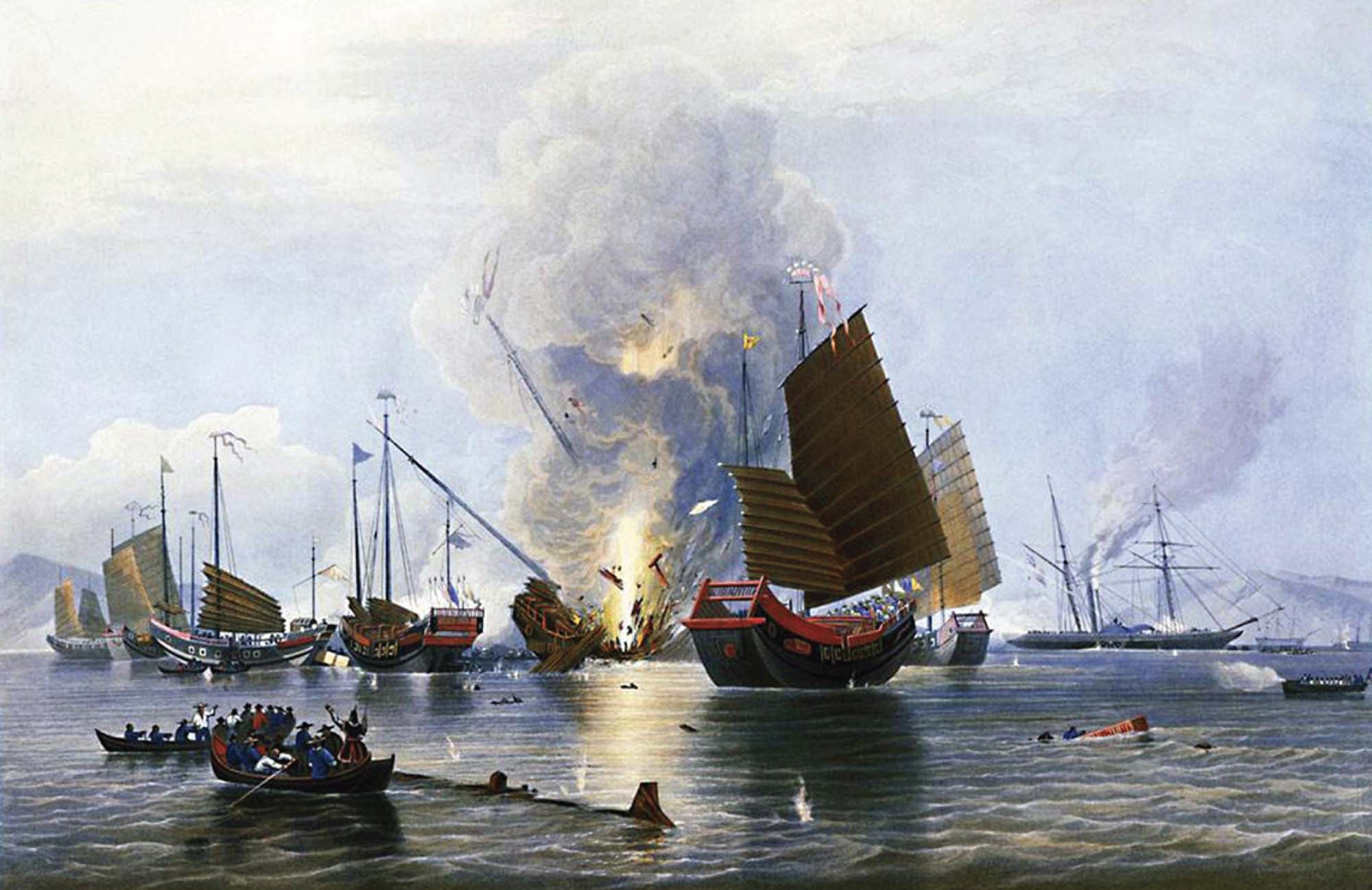 A painting depicting a naval battle in the First Opium War. The British steam-powered warship ‘Nemesis’ (right background) is shown attacking a fleet of Chinese warships. Two rowing boats with Chinese passengers watch the scene and various men are overboard and clinging on to debris.